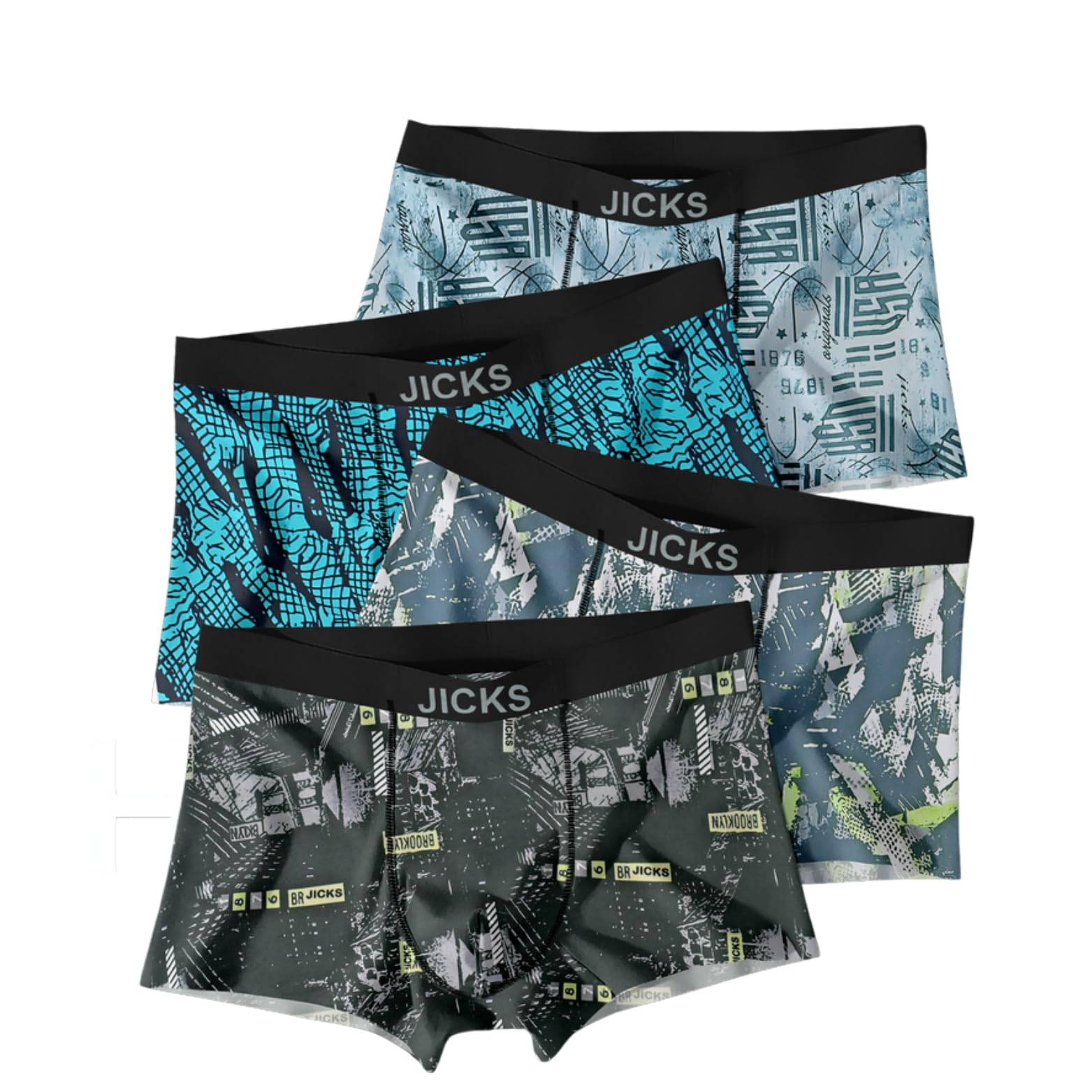 JICKSMen's Extra Thin Elastic Underwear Long Comfortable Breathable Comfort Boxer Brief Imported Material All Over Printed Design Multicolor Pack of 4