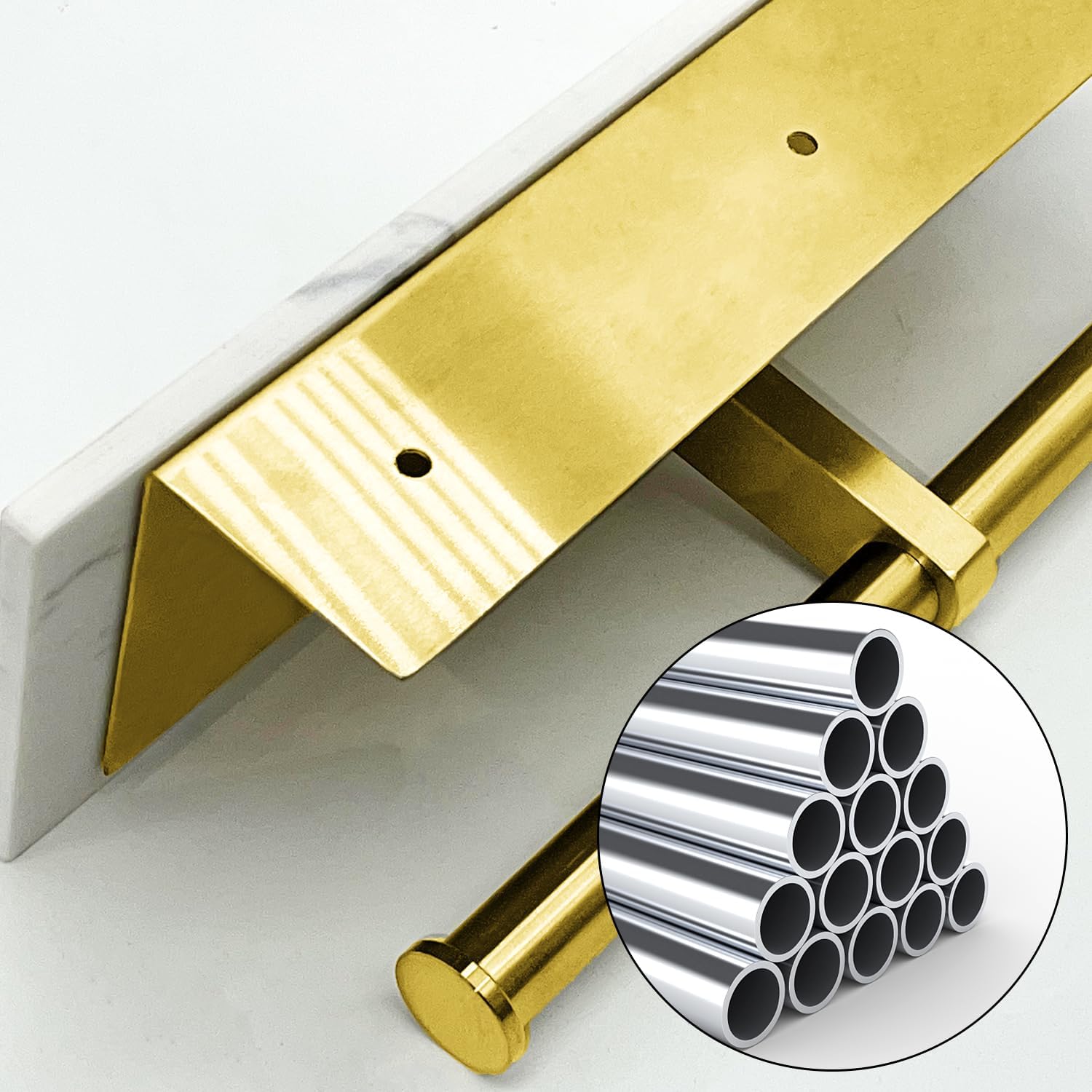 HrontaToilet Paper Holder with Shelf, Double Toilet Paper Holder Wall Mount and 2PCS Free Adhesive Hooks for Bathroom Washroom, Marble Toilet Paper Holder Gold