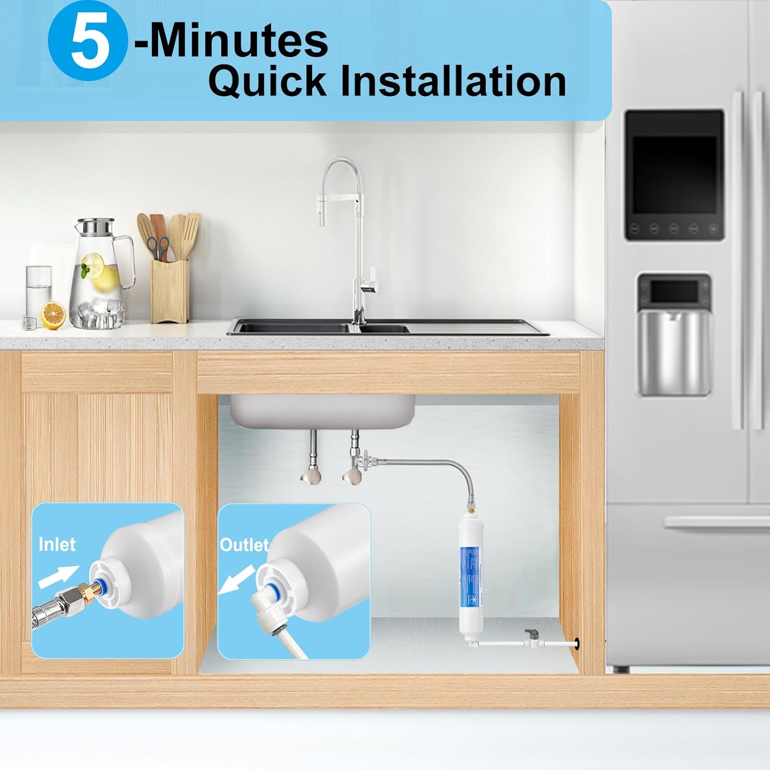 Inline Water Filter for Ice Maker and Refrigerator,Include 1/4" Water Line and Push to Connect Fittings + 30FT 1/4 Inch O.D.RO Water Tubing(blue),NSF Certified Pipe for RO(Reverse Osmosis) Water Purif