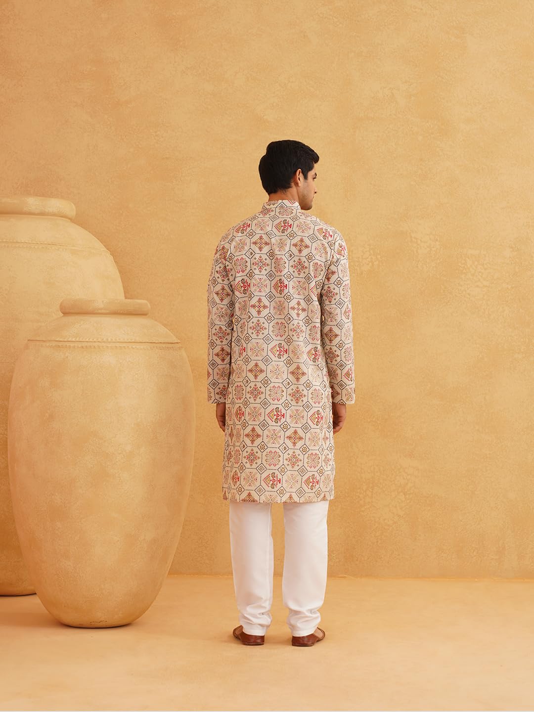 Sojanya (Since 1958 Men's Cotton Blend Cream Color Floral Design Only Long Kurta