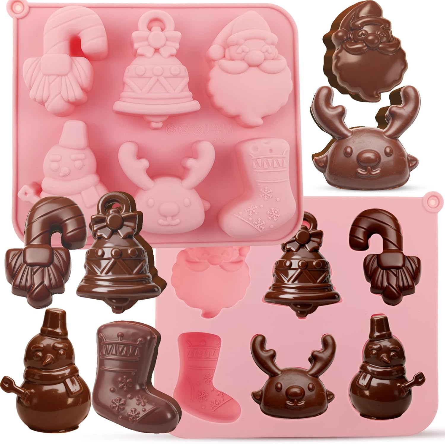 2-Pack Christmas Silicone Molds - 6-Shaped Santa, Reindeer, Snowman, Stocking, Bell, Candy Cane Designs for Baking Layered Chocolate, DIY Candle & Soap Crafts Classic Christmas Creations