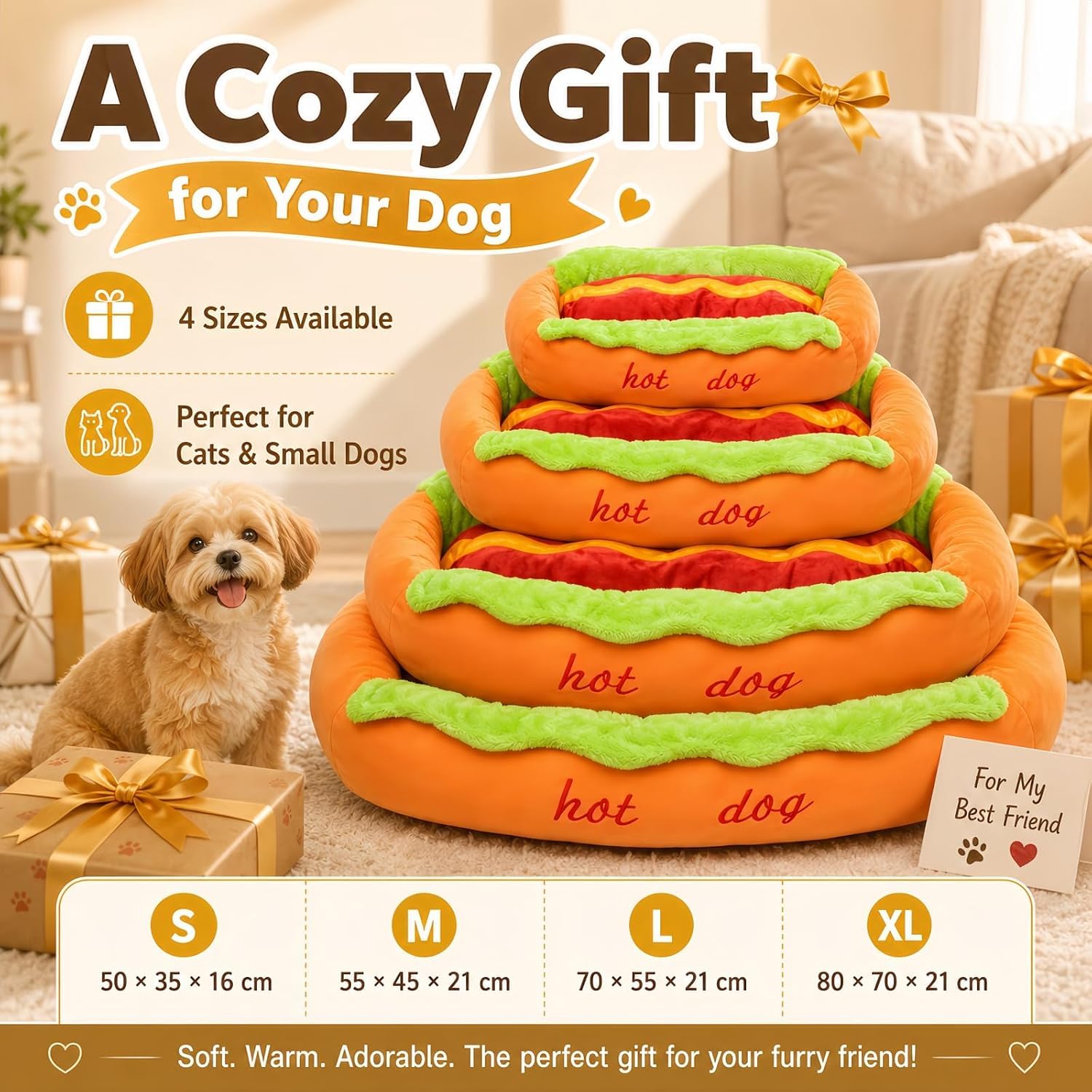 Hot Dog Bed For Dachshund, Removable Washable Soft HotDog Dog Bed (L)