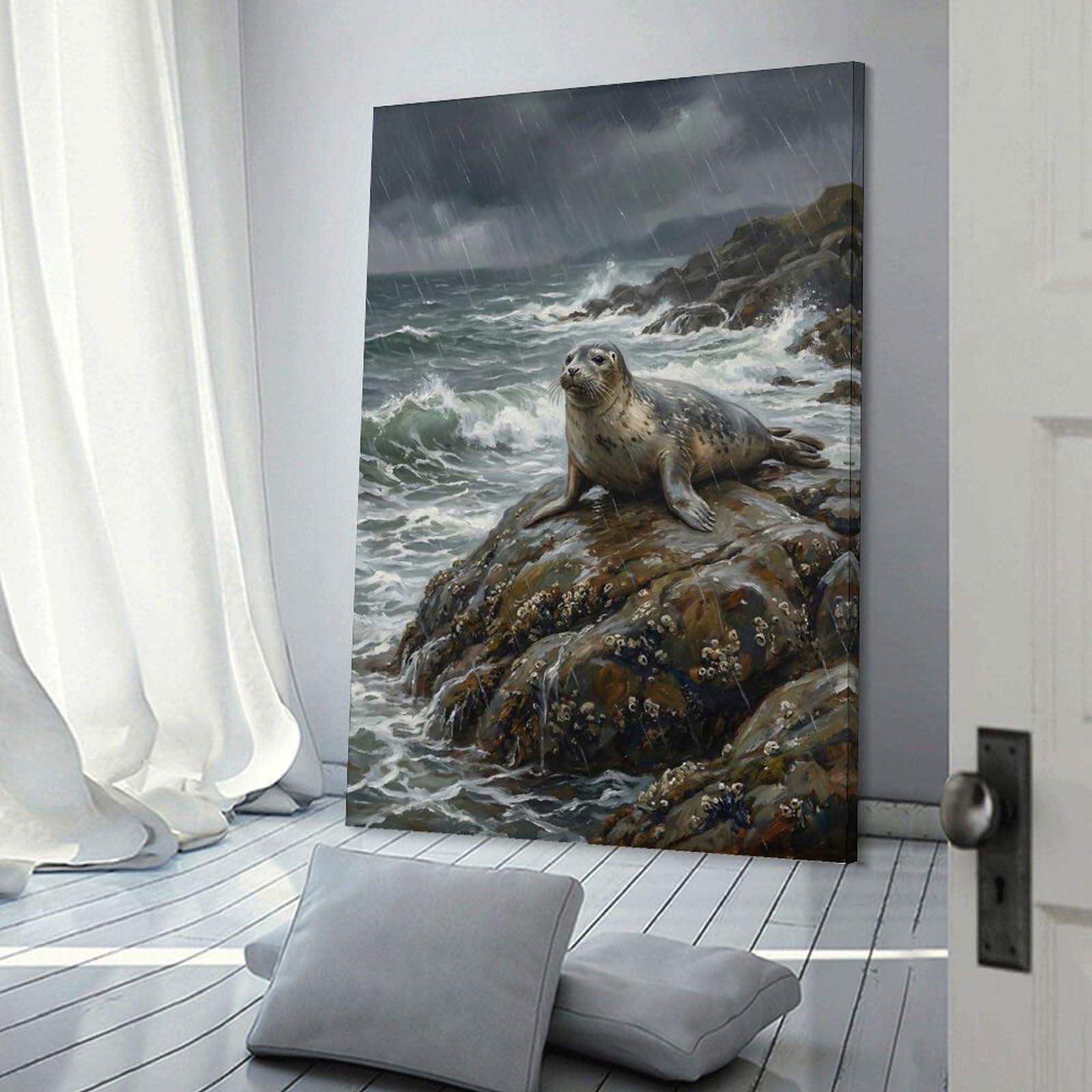 Junmoney Canvas Art Print Seal on Rocky Coast in Rain, 08x12inch(20x30cm), for Feature Walls in Flats Or Modern Rooms, Wall Decor Suited to Curated Displays