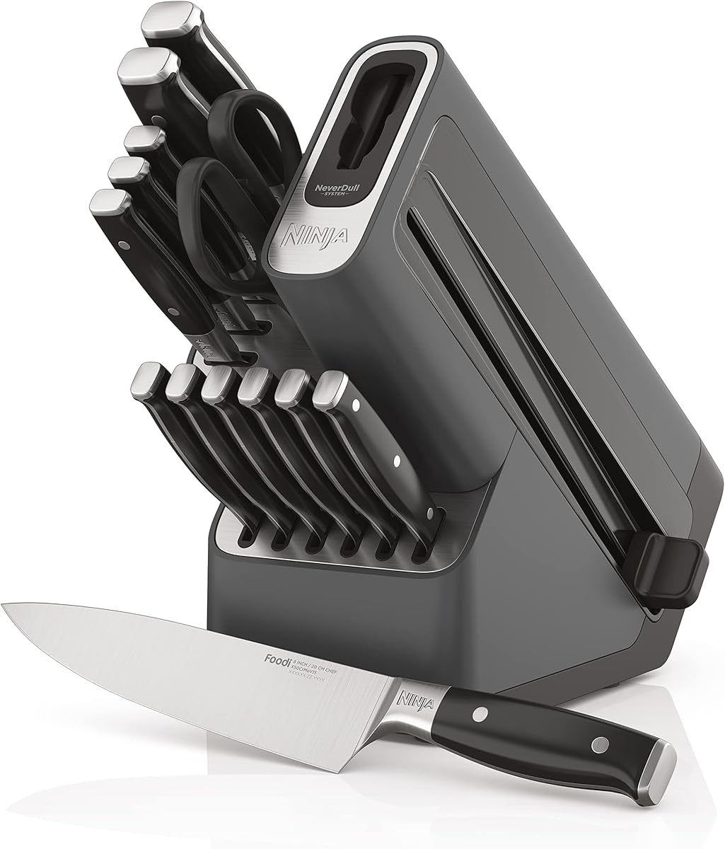 Ninja Knife Set, Knife Sharpener, Knife Block Set, Stainless Steel Knives, 14 Piece Set, Steak Knives, Chef Knives and More, Foodi NeverDull, Black, K32014
