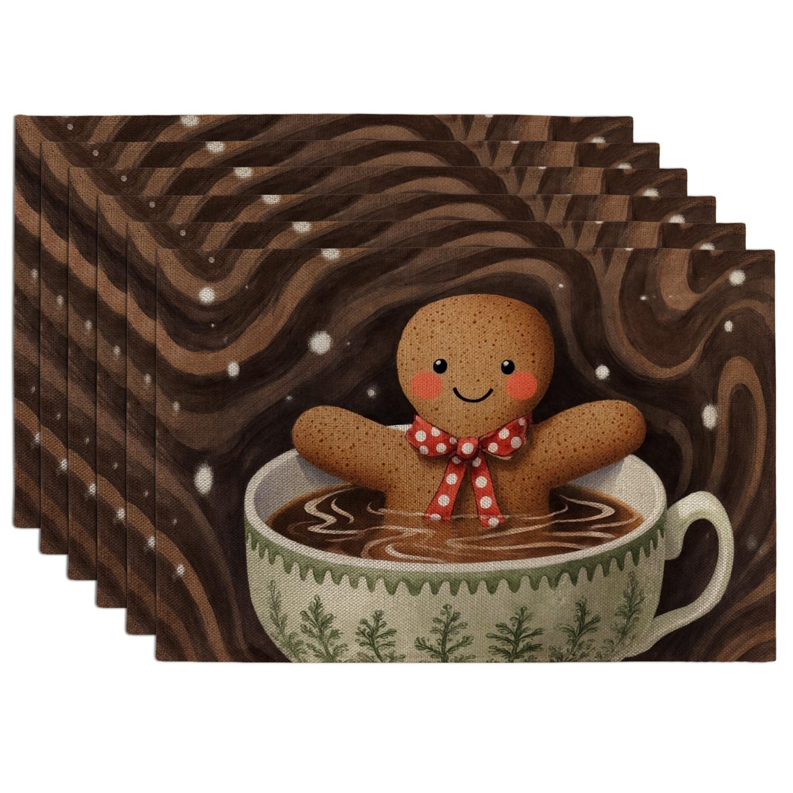 Gingerbread Man Placemats, Cute Fanciful Holiday Place Mats for Dining Table, Winter Festive Non-Slip Washable Indoor Outdoor Kitchen Party Decorative Placemat Set of 6