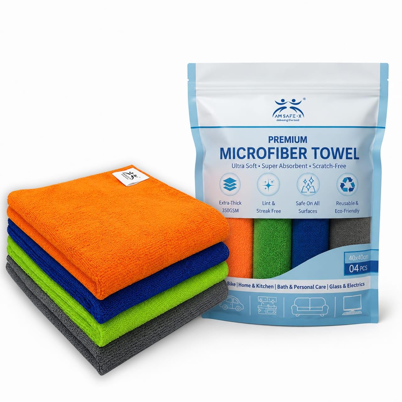 AM Safe-X Premium Microfiber Cleaning Cloths 350 GSM, Ultra Soft & Super Absorbent Towels, Lint-Free, Scratch-Free Multipurpose Cleaning Cloth (40 x 40 cm, 4 Pcs)-image-24