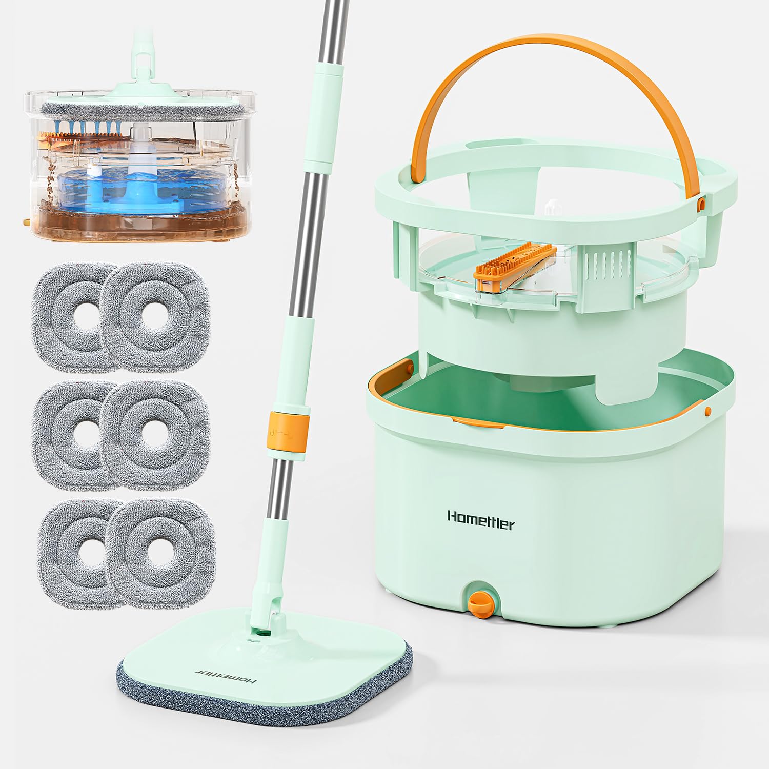 HoMettler Spin Mop and Bucket Set with Detachable Inner Mop Bucket, Mops and Buckets for Floor Cleaning Includes 6 Replaceable Thick Microfiber Mop Pads