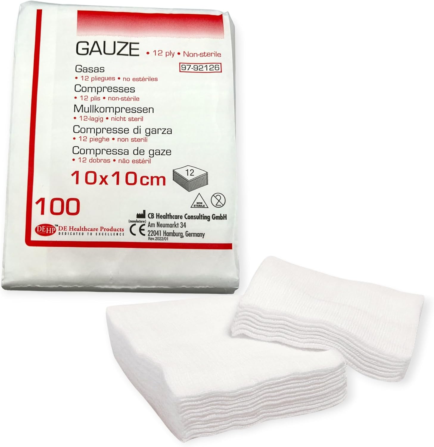 de healthcare products gauze dressings pack of 100 10   10 cm non-sterile 100% fiber-free cotton 12 layers absorbent wound material