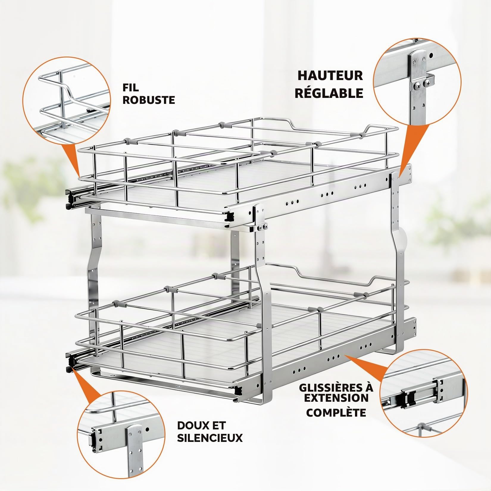 Panier coulissant 2 niveaux pour placard de cuisine, tiroir extractible avec glissières à billes, acier carbone électroplaqué, gain de place, 20x21, Double-layer guide rail, Carbon steel