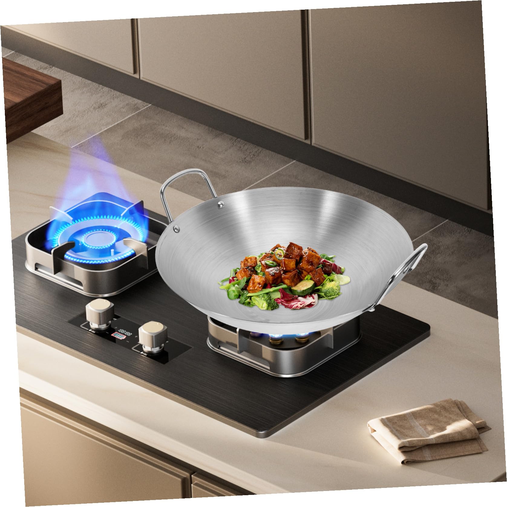 NUOBESTY 28 cm Doppelgriff-Wok-Edelstahl-Wok-Bratpfanne Mit Großer Kapazität Bratpfanne Rundboden-Wok-Mehrzweck-Eintopfpfanne Funktioniert Für Elektrische Gaskochfelder