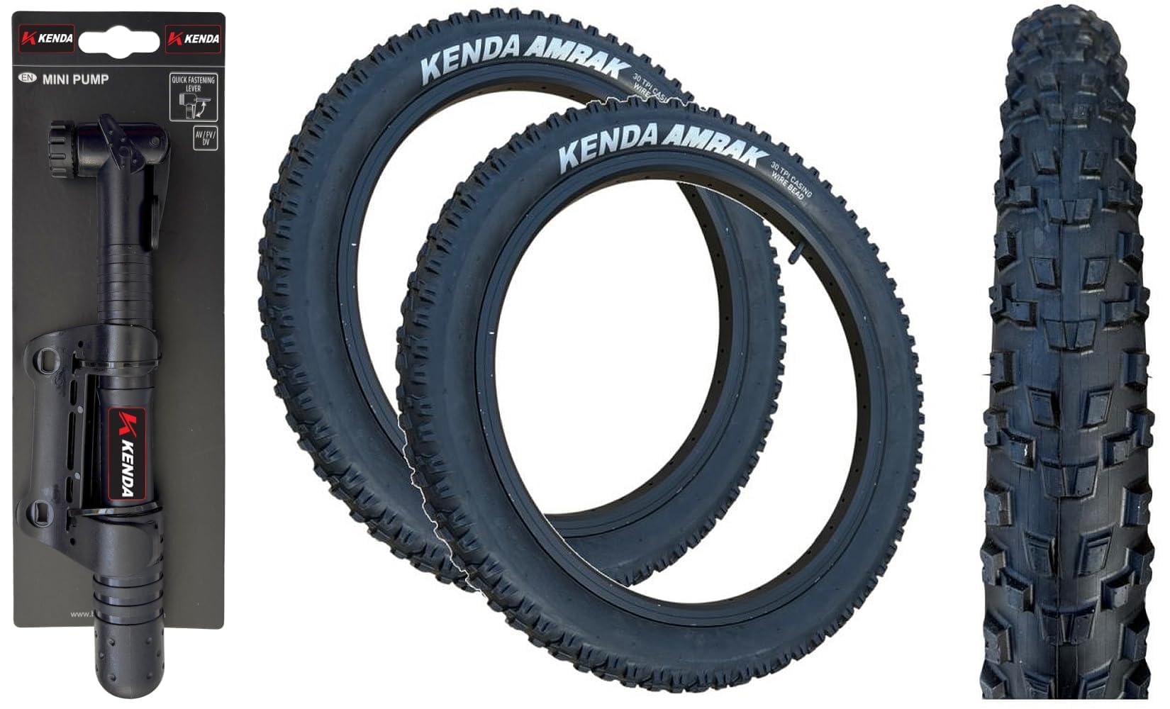 Kenda AMRAK 27.5 x 2.20 BLACK Chunky Mountain Bike TYRES (Pack of 2) + MINI PUMP