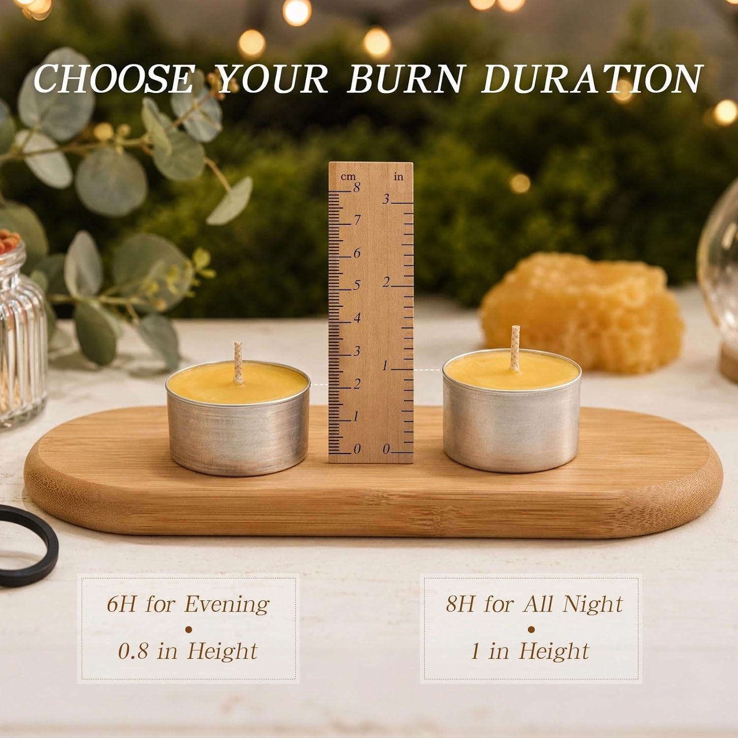 50-Pack Pure Beeswax Tealight Candles, Aluminum Cups, Approx. 8H Burn