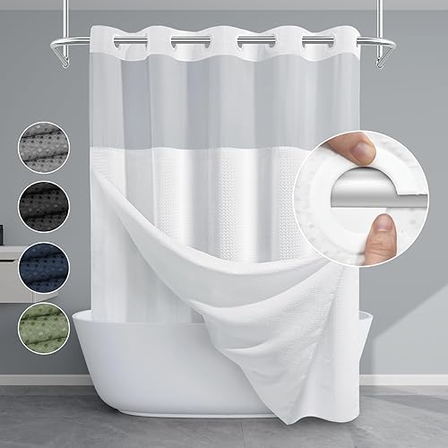 Cortina de ducha blanca sin gancho con forro a presión, 230 GSM, cortinas de ducha para baño, 71 pulgadas de ancho x 74 pulgadas de alto