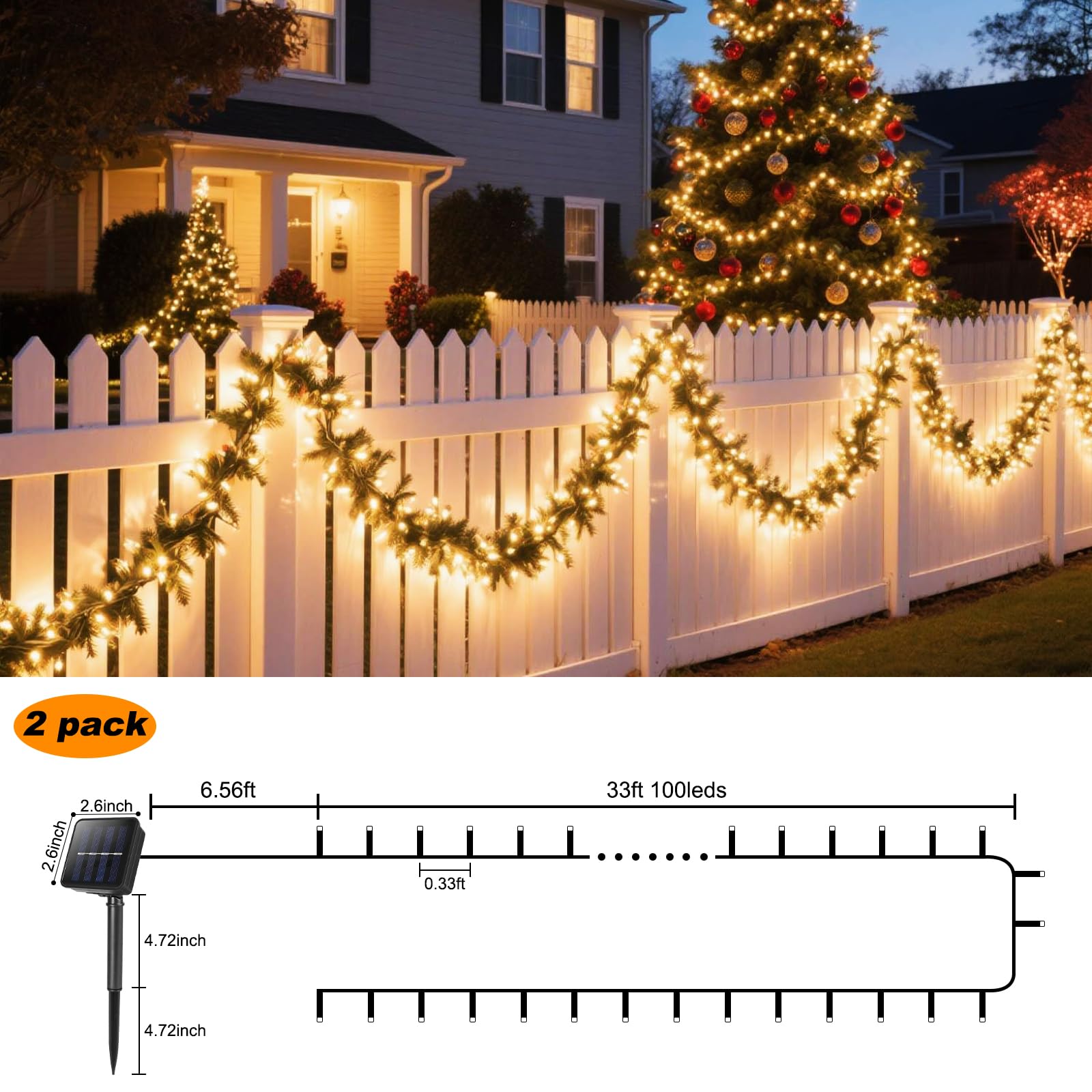 Confezione da 2 luci solari per esterni, ogni stringa di 100 LED a energia solare da 100 LED impermeabili con 8 modalità, luci solari per esterni, per patio, giardino, albero, decorazione per