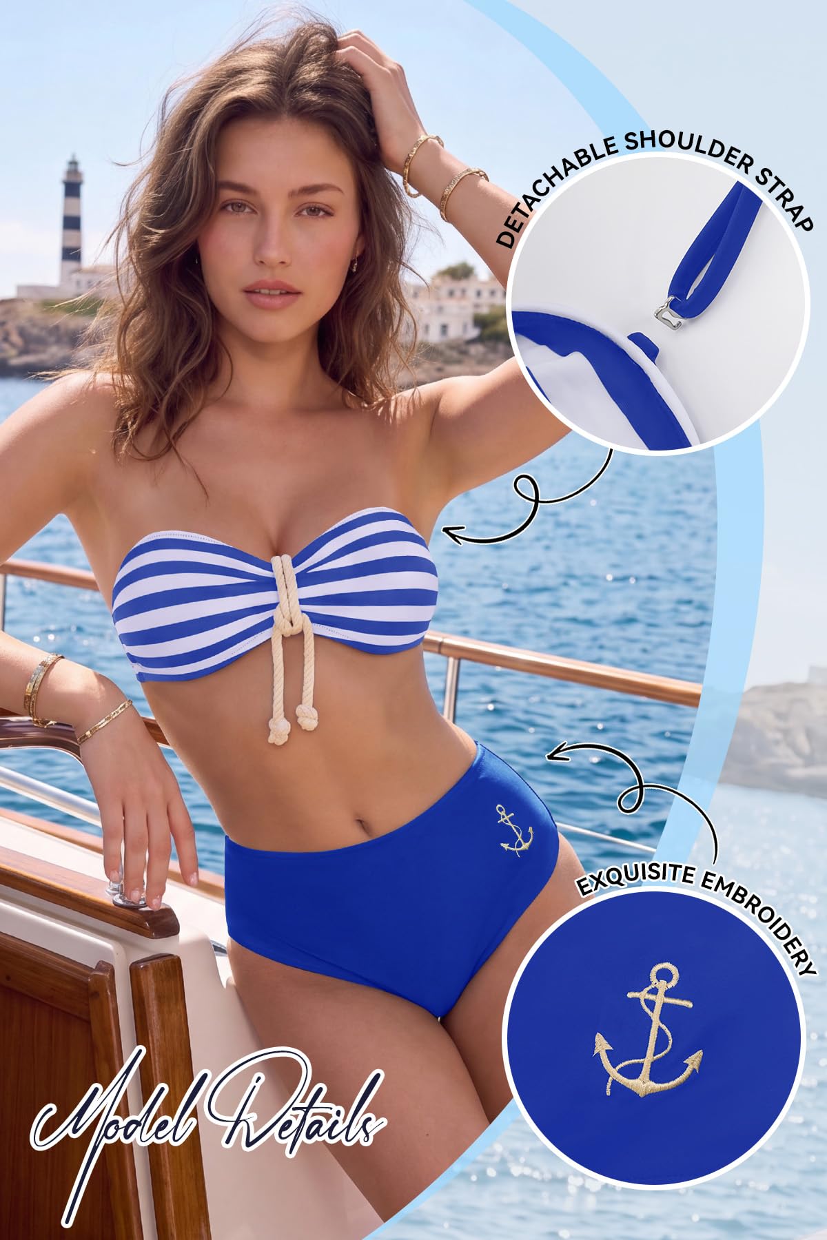 SHEKINI Ensemble bikini taille haute à rayures nautiques pour femme - Bretelles détachables - Bandeau dos nu - Contrôle du ventre - Maillot de bain deux pièces à coupe haute - Maillot de bain pour
