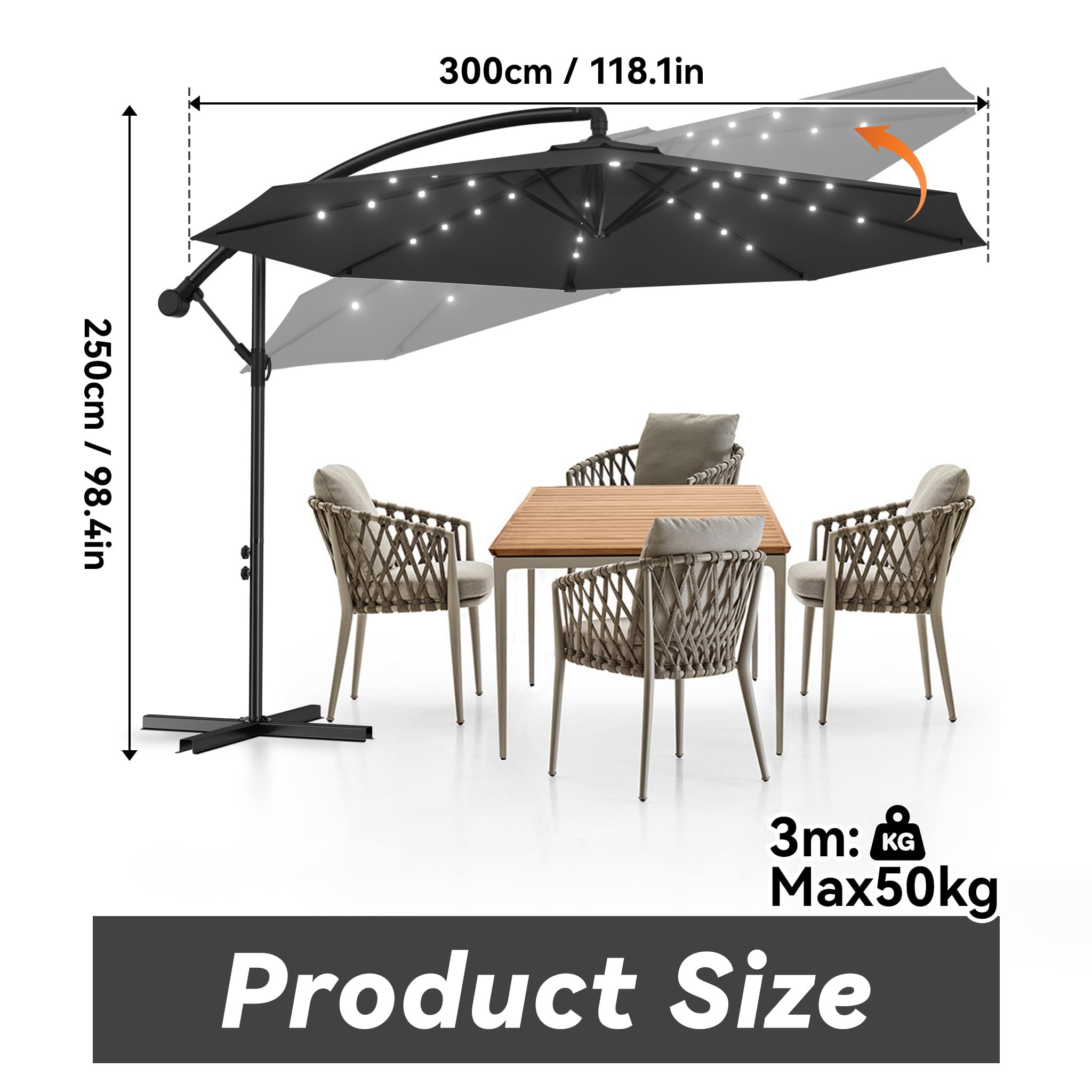 FIVMEN Solarny parasol przeciwsłoneczny LED, 300 cm, z korbą, aluminiowy, na balkon, ze stojakiem, ochrona przed promieniowaniem UV, taras, do ogrodu, na plażę, ciemnoszary