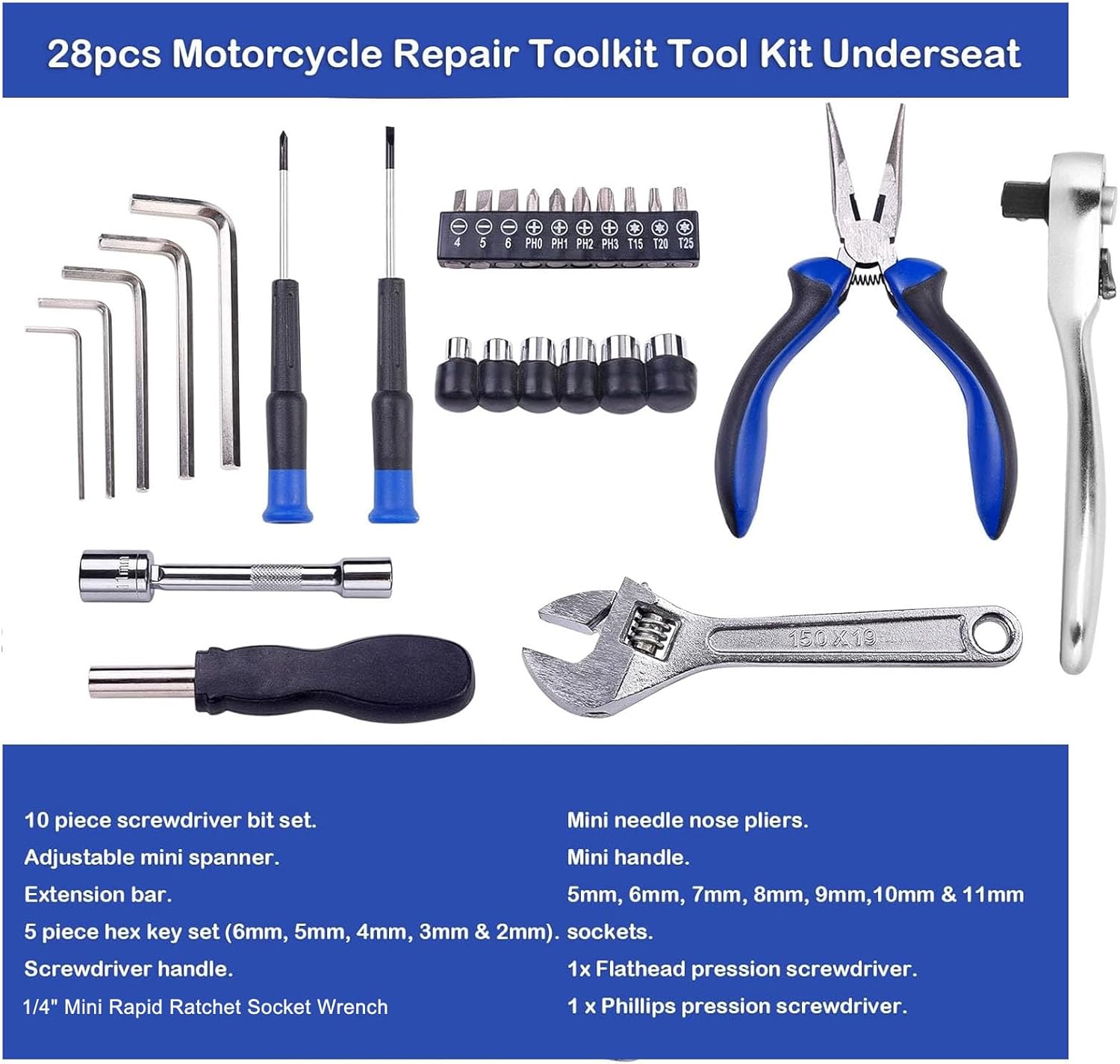 Upgarded 29PCS Compact Motorbike Tool Sets, Motorcycle Repair Toolkit Tool kit Underseat,Motorcycle Repair on the Road, Great for Travel Tool Needs