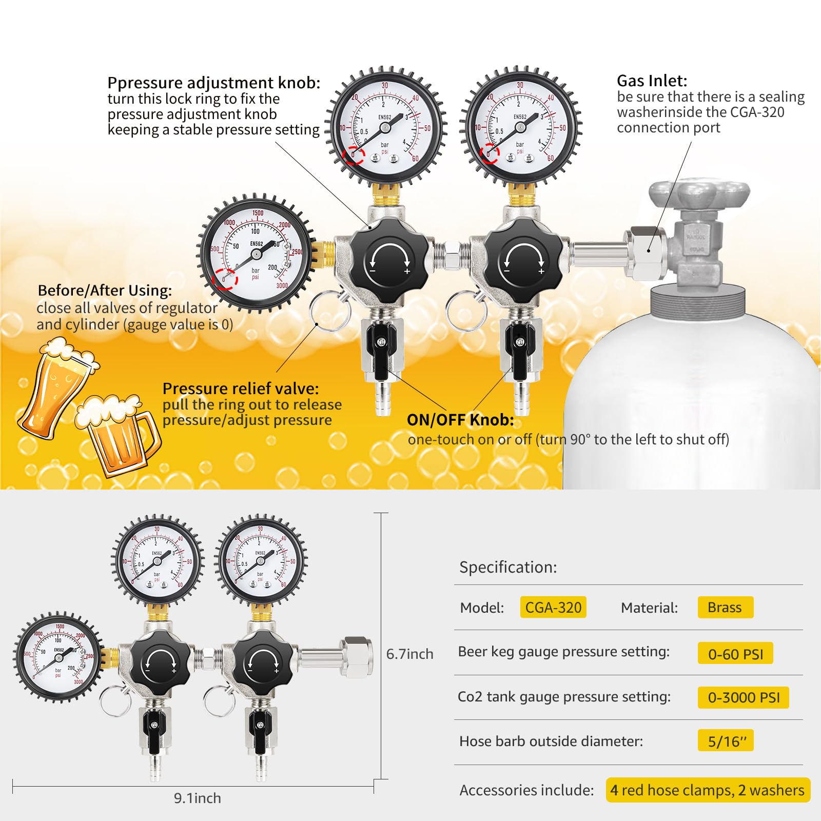 Regulador de CO2 para doble grifo Kegerator 0-60psi Regulador de cerveza de doble salida, regulador de barril de 0-3000 psi CGA-320, regulador de presión de gas de cerveza, regulador C02 para torre de — view 4