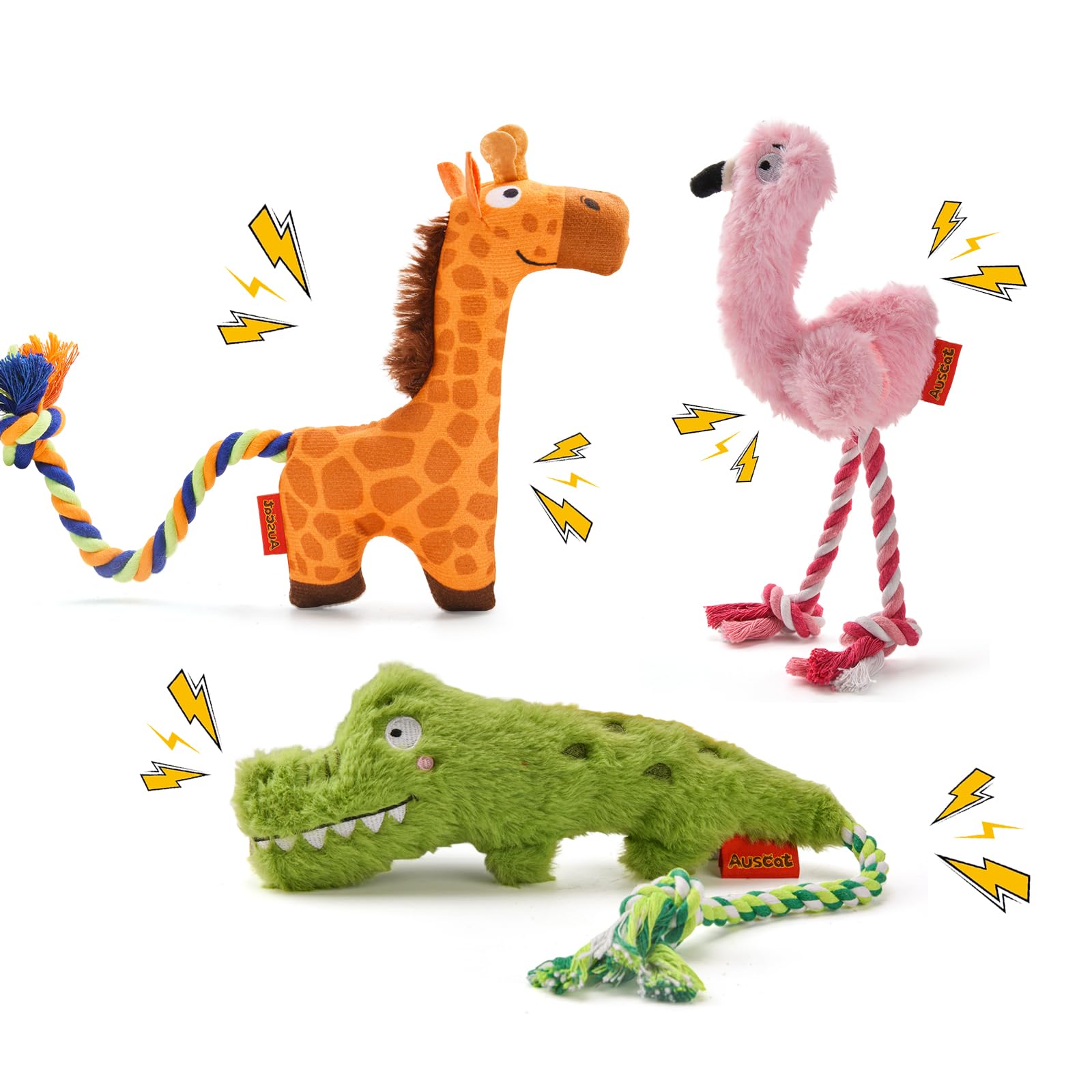 AUSCAT Jouet en Corde pour Chien, Jouets à Tirer pour Petits et Moyens Chiens (ne Convient Pas aux mâcheurs agressifs), Jouets en Peluche Couineurs pour Chien, Krokodi, Girafe et Flamant Rose