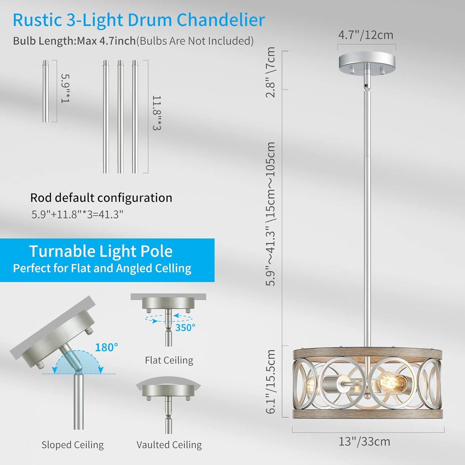 XINGQI 13" Rustic Drum Pendant Lighting Fixture Modern Chandelier 3-Light Height Adjustable Ceiling Lamp for Dining Room Kitchen Island Living Room Bedroom Foyer Hallway, Brushed Nickel