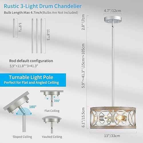 Miniatura 3 de XINGQI Lámpara colgante de tambor rústico de 13 pulgadas, lámpara de techo moderna de 3 luces de altura ajustable para comedor, cocina, isla, sala