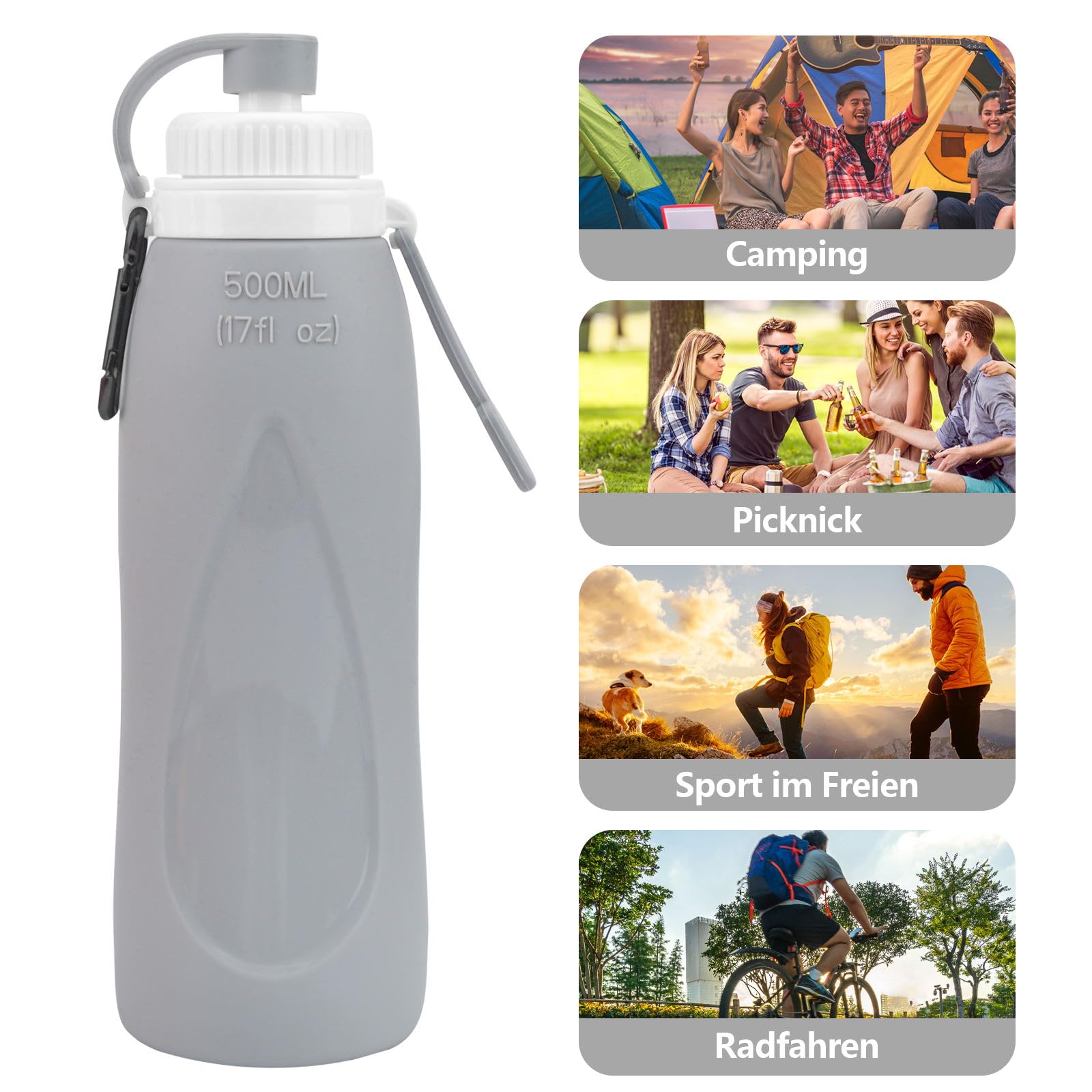 Botella De Agua Plegable De Silicona 500ml Con Filtro - Sin BPA, Ideal Para Bici, Senderismo Y Gym