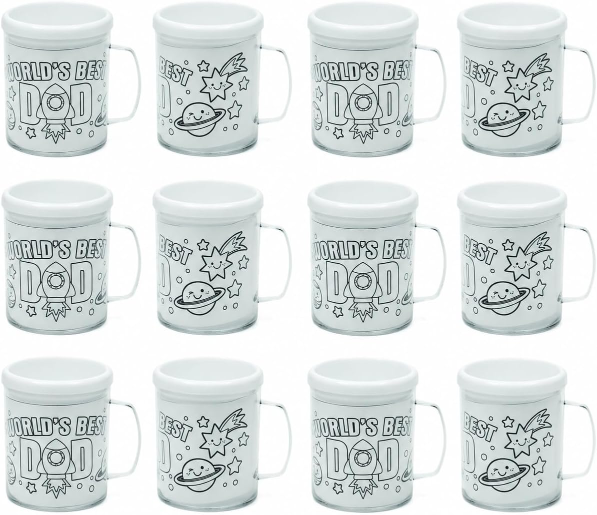 Fun Express Color Your Own World's Best Dad Mugs 12 Pack - DIY Mug Painting Kit for Kids with BPA-Free Plastic Mugs | Perfect Father's Day Craft Gift Set for Children to Make & Decorate