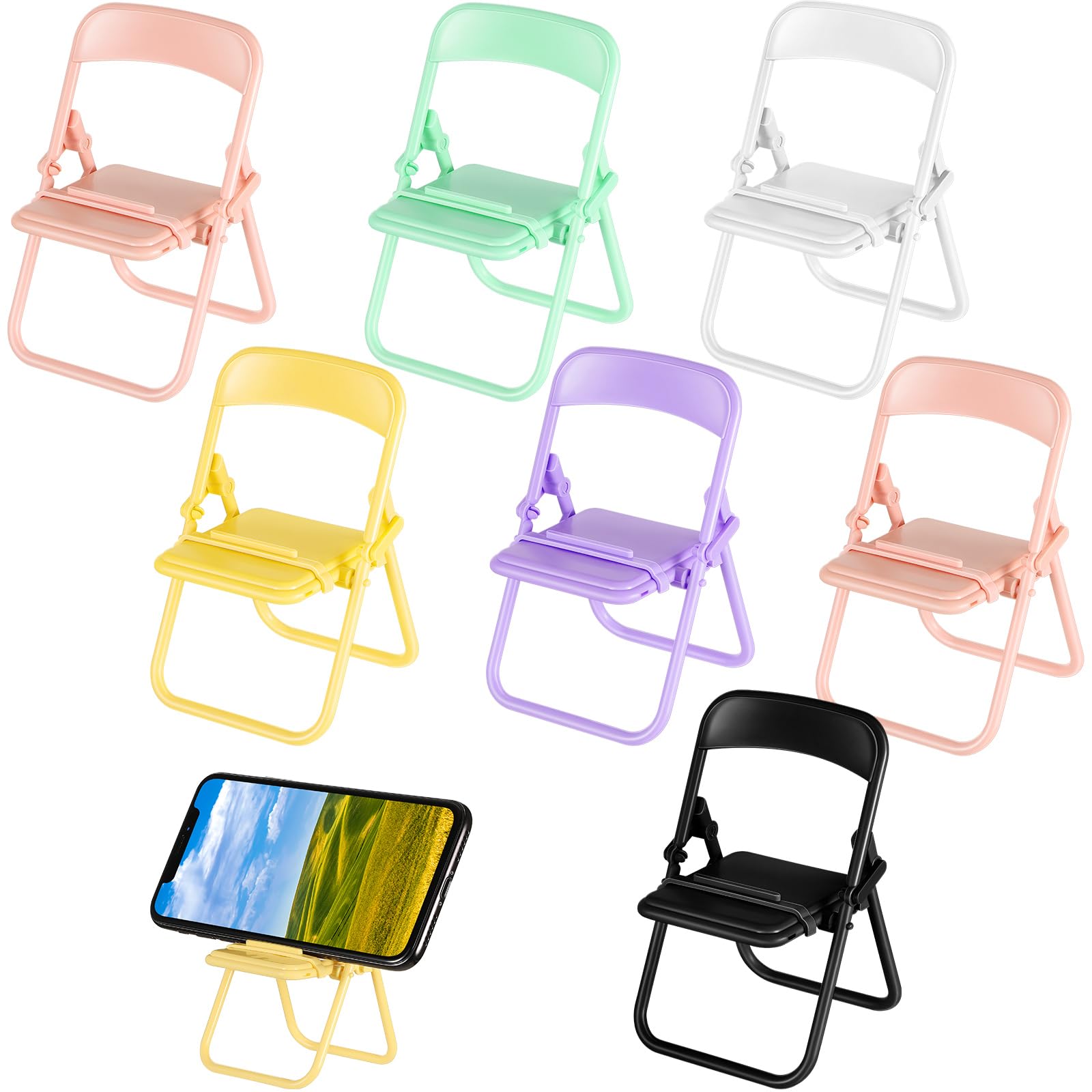 Flutesan 7 Pcs Mini Folding Chair Cell Phone Stand Desktop Foldable Mobile Phone Holder Folding Chair Cradle for Desk (Candy)