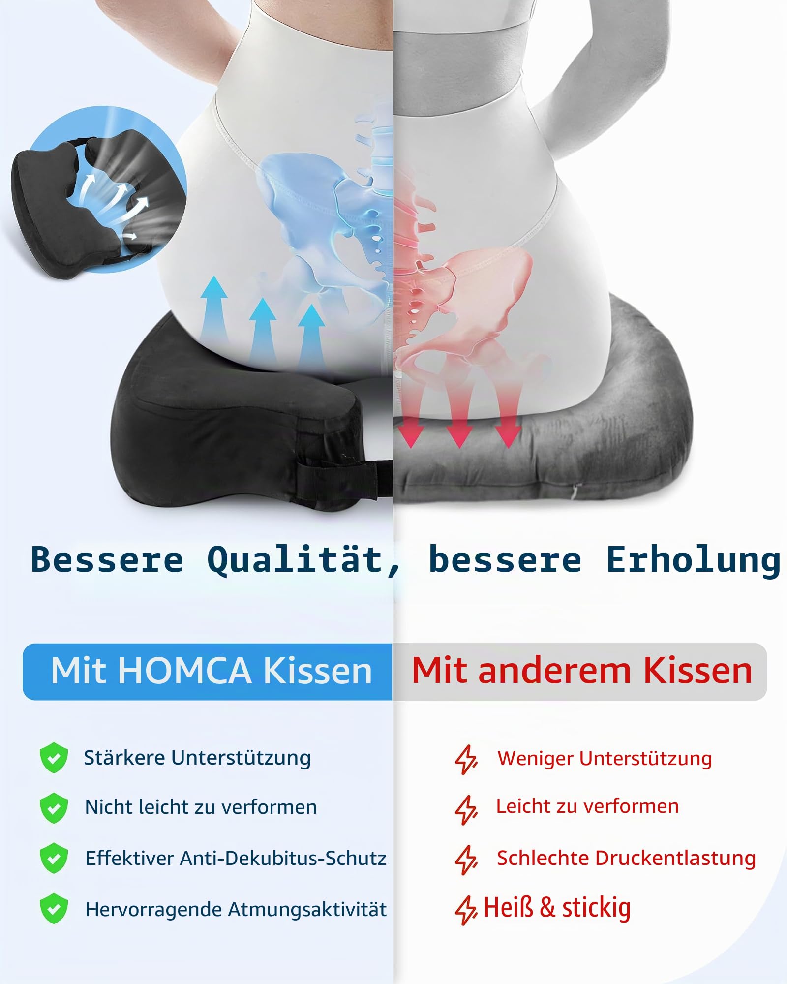 HOMCA Memory Foam Sitzkissen, Ergonomisches Hämorrhoiden Sitzkissen, Sitzpolster Steißbein Entlastung Steißbein Kissen mit Verstellbarer für Büro, Zuhause, Auto, Schwarz