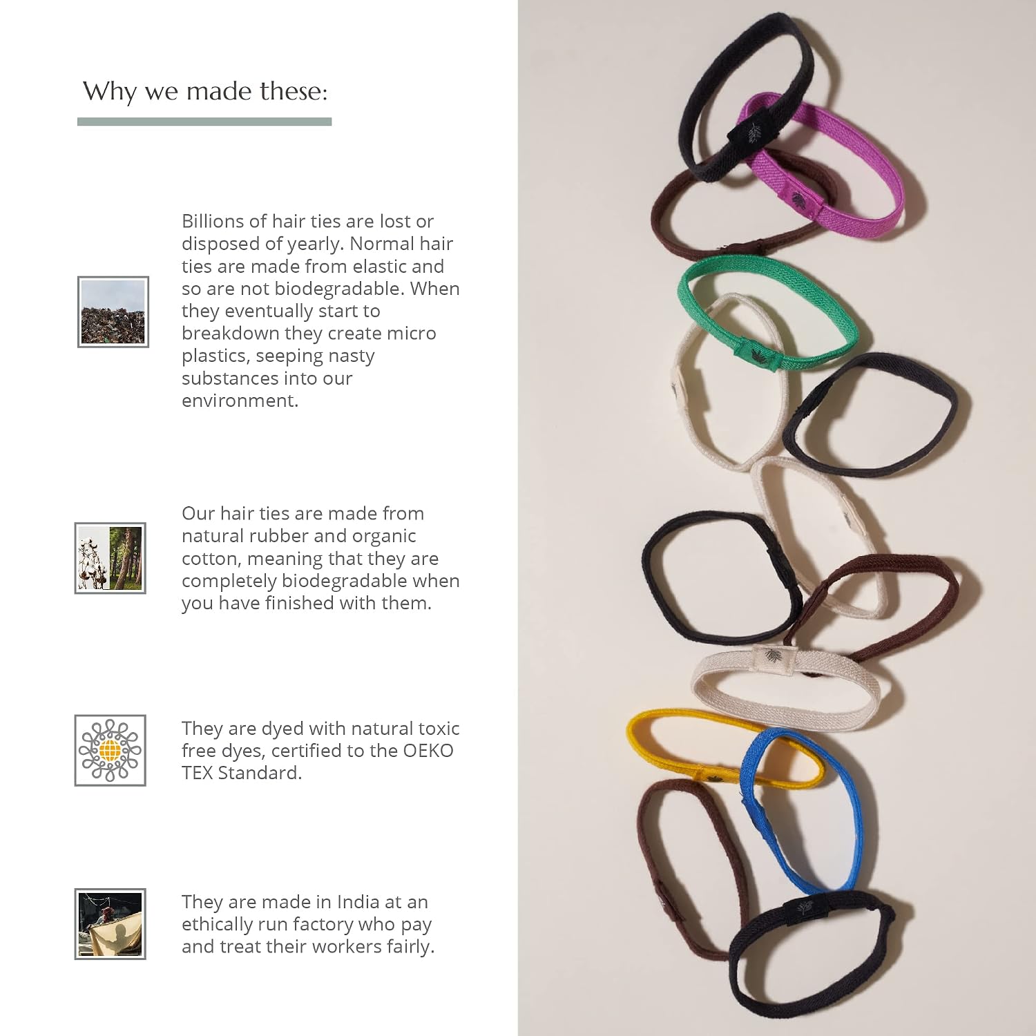 Wild & Stone | Pack of 6 Hair Bands | 100% Biodegradable and Plastic-Free Elastic Hair Ties | 100% Organic Cotton and Natural Plant-Based Rubber | No Crease Ponytail Holder (Black)