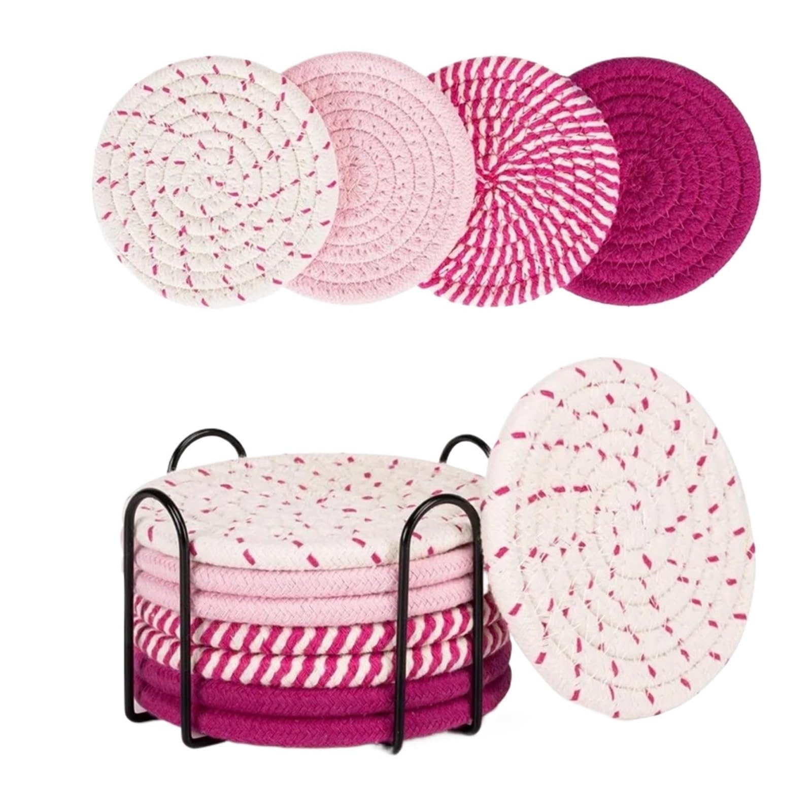 Sous-verres tissés en coton rose, ensemble absorbant de 8 pièces avec support pour table