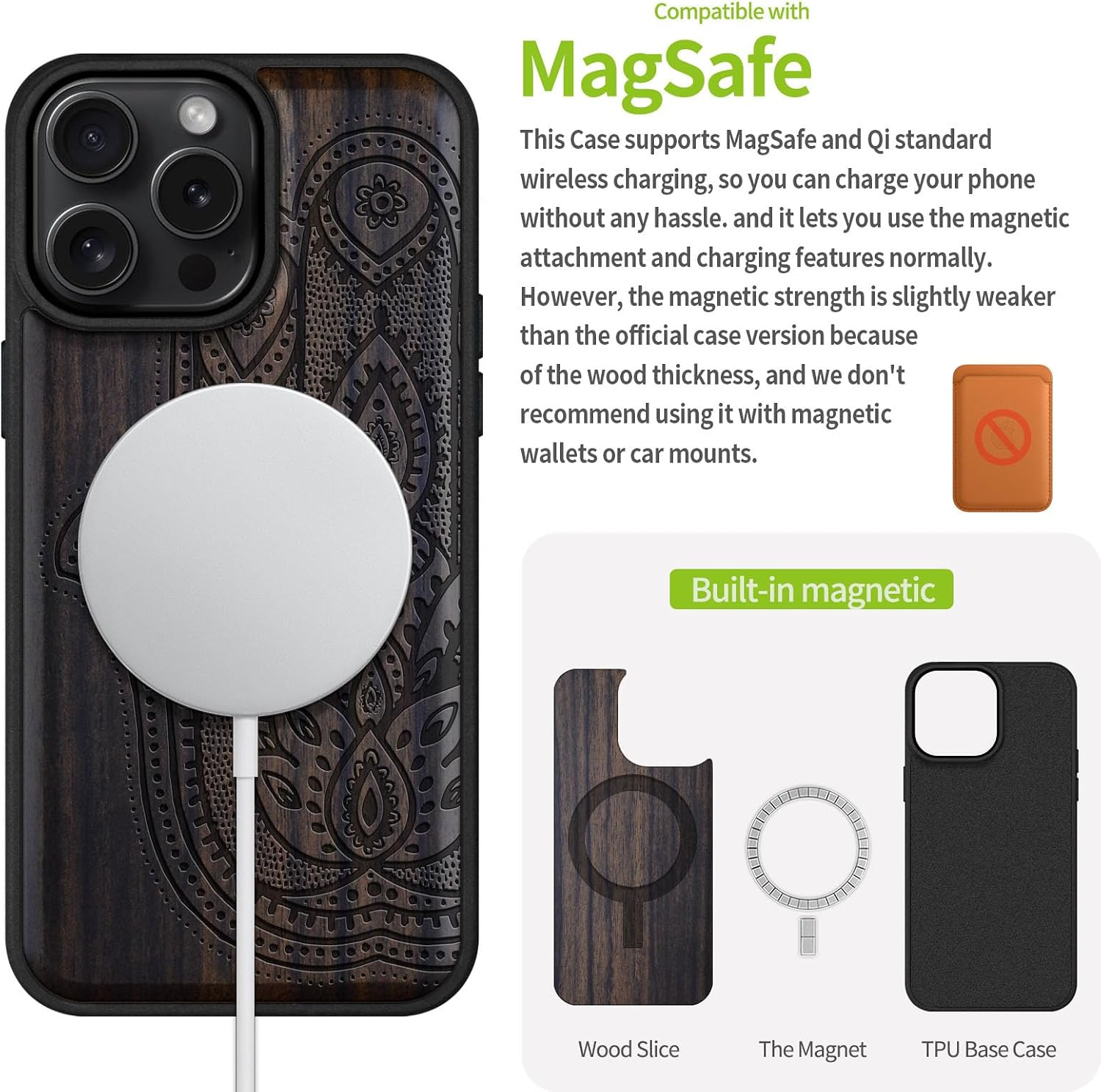 Carveit Magnetic Wooden Case for iPhone 16 Pro Max Case, Wood Artisan Engraved & Black Soft TPU Shockproof Cover, Compatible with MagSafe Wireless Chargers (Hamsa Hand) Blackwood