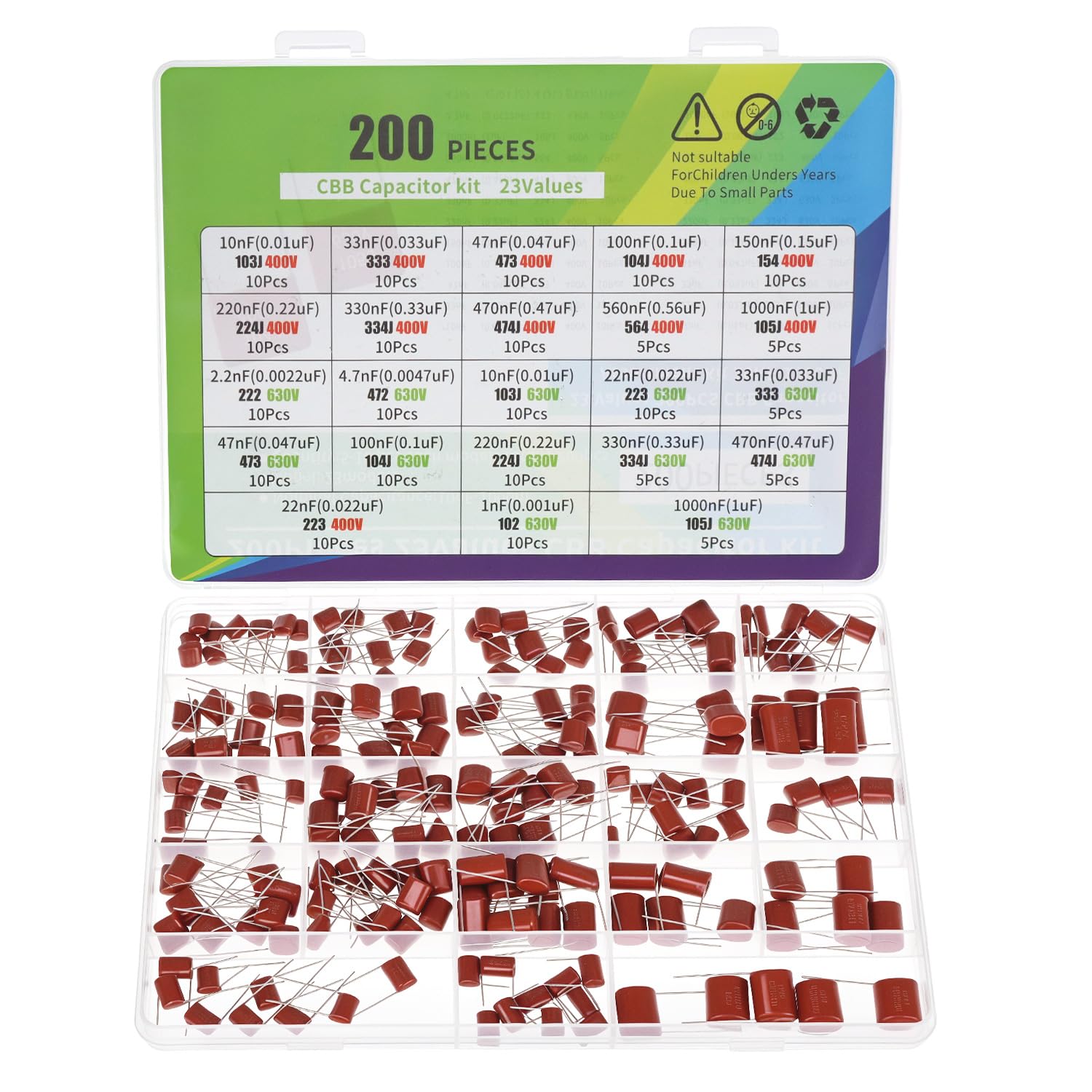 Lot de 200 Condensateurs en Polypropylène QWORK - 23 Valeurs de 1 nF à 1 µF