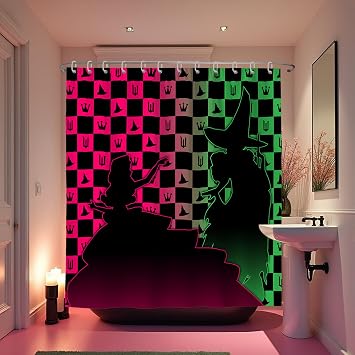 Pink and Green Witchy Plaid Shower Curtains with Magic Hat and Crown Decor,Tv Show Merchandise,Gingham Shower Curtain for Bathroom,Checkered Waterproof Polyester Fabric Bath Curtains,72x72 Inch
