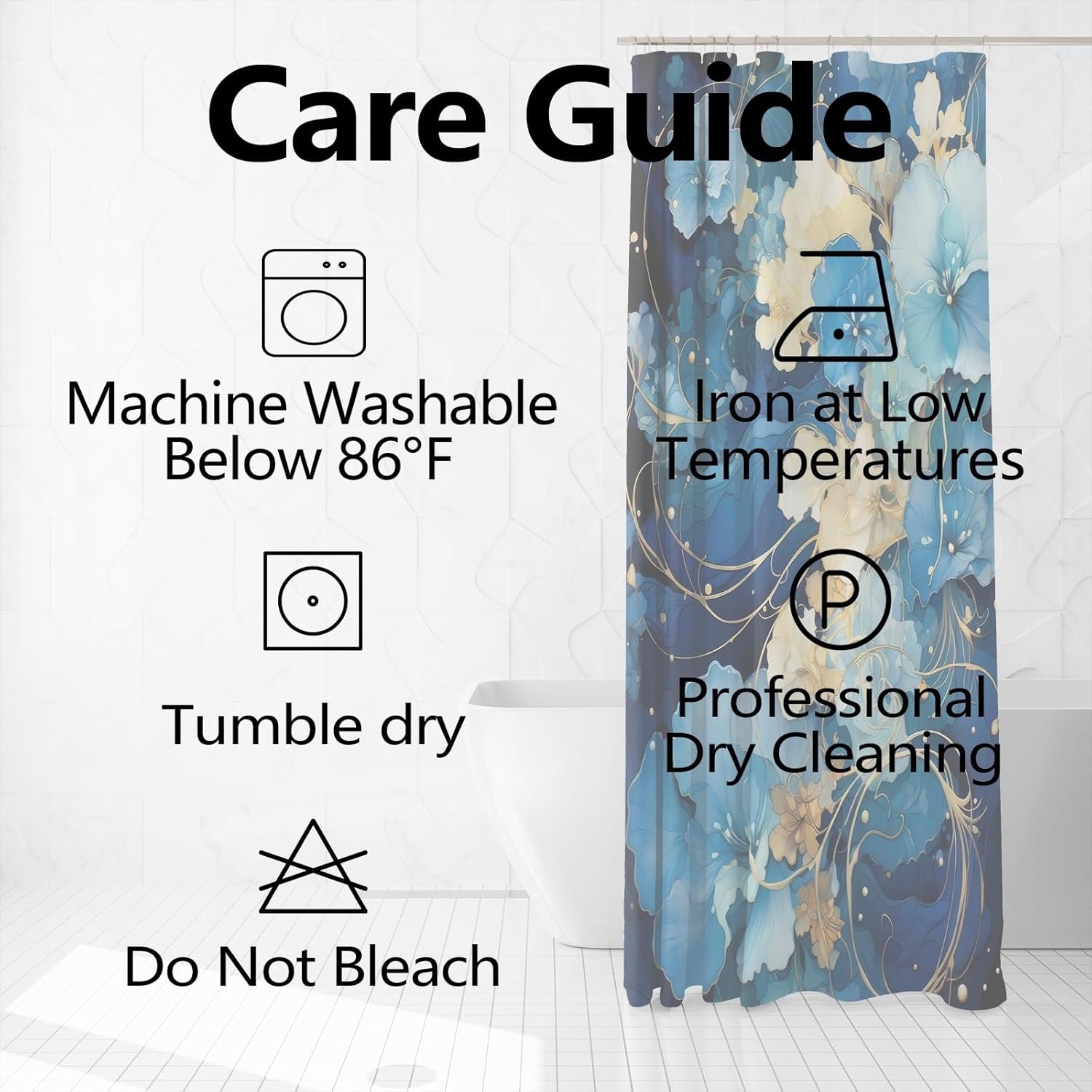 Blue Shower Curtain for Bathroom Teal Blue Yellow Flowers Shower Curtain Set with Hooks Abstract Blue Beige Bathtub Decor Waterproof Fabric Curtains 72x72inches
