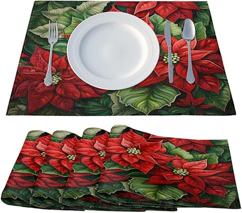 Miniatura 2 de Juego de 4 manteles individuales con diseño de flor de pascua de Navidad, lavables, impermeables, para decoración de mesa de comedor, 18 x 12