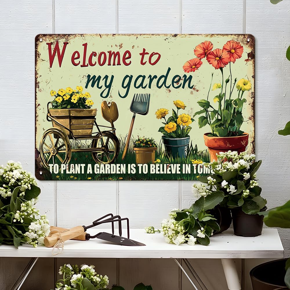 Welcome to My Garden Tin Sign Vintage Metal Sign Flowers and Tools Gardening Gifts Decorations for Home Greenhouse Living Room Bedroom Yard Backyard Outdoor Decor 8X12 Inch - Image 7