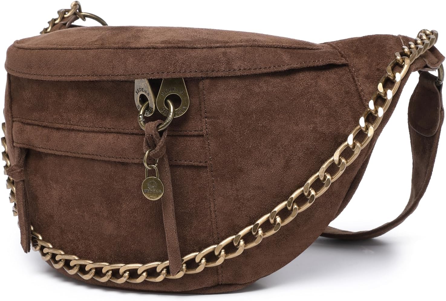 Anti Pickpocket Crossbody Large Vegan Dark Brown Suede Sling Bag RFID & Glasses Pockets, Adjustable Strap, Anti Theft Design, Multiple Compartments, Chain Detail Travel Crossbody Bag for Women - Image 7