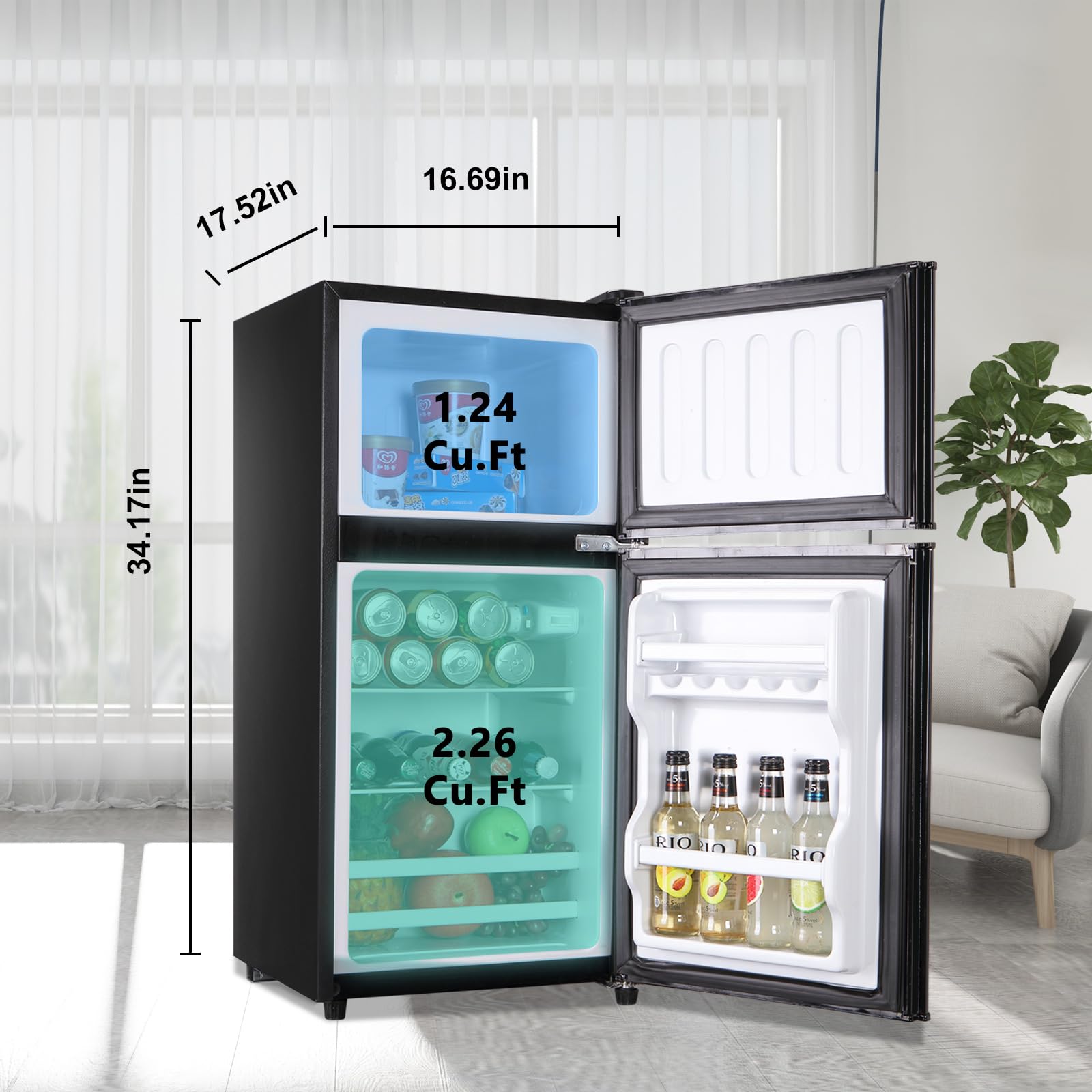 Mini Fridge With Freezer Black 3.5 Cu.Ft Compact Refrigerator Small For Home, Office, Dorm, RV, Apartment With Adjustable Mechanical Thermostat 2-Door Design on Fridge.com - View 4