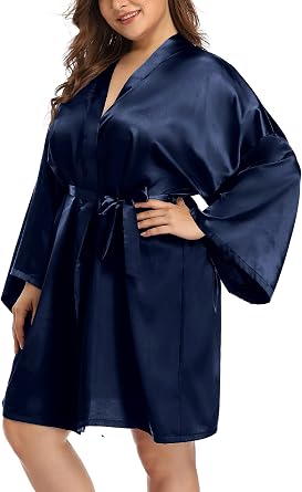 Womens Plus Size Silky Satin Kimono Robes Wedding Party Bridesmaid Sleepwear Bathrobe Dressing Gown