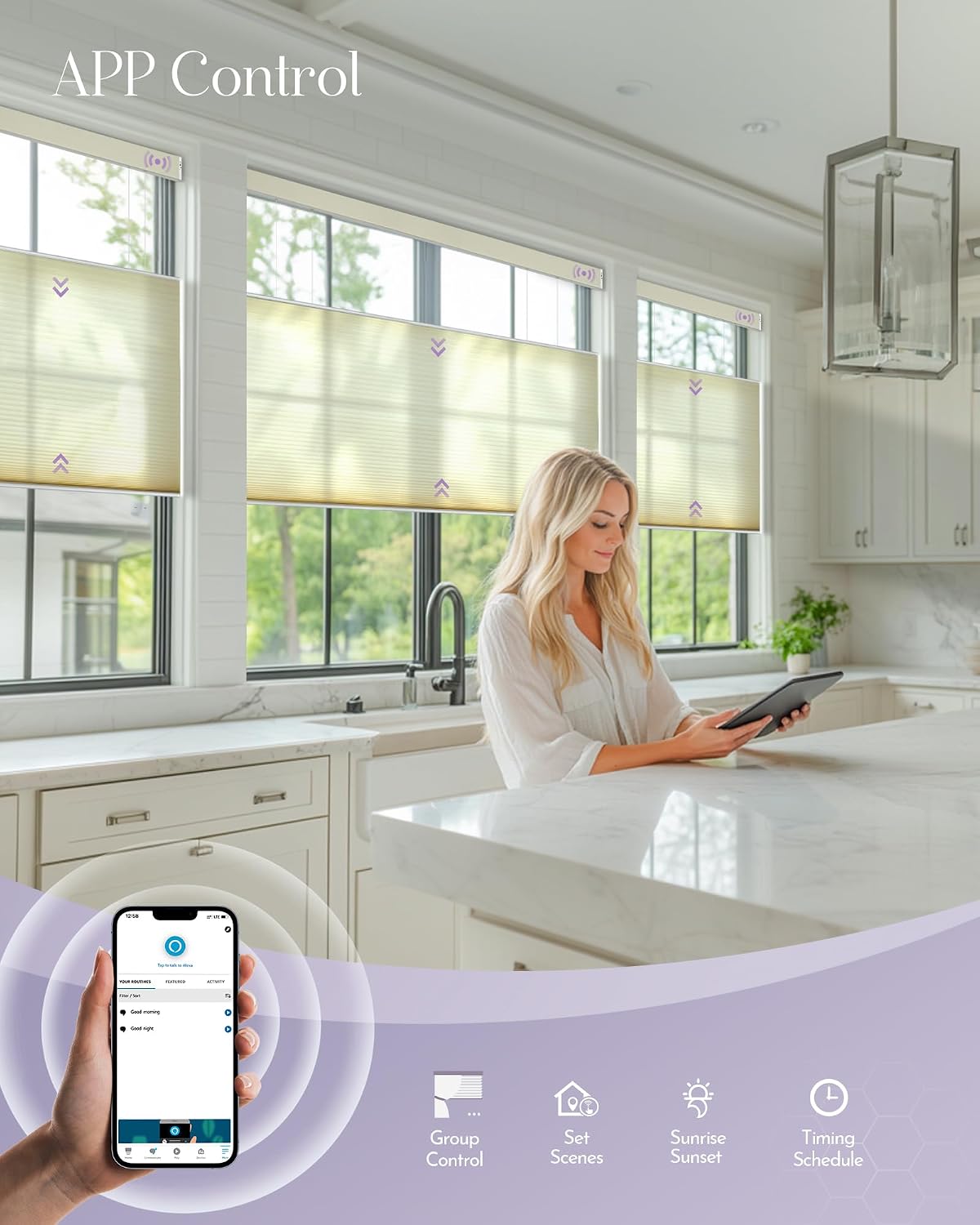 Graywind Smart Top Down Bottom Up Cellular Shades Compatible with Alexa Google Solar Powered Motorized TDBU Shades for Windows Custom Size (Light Filtering Melange Beige)