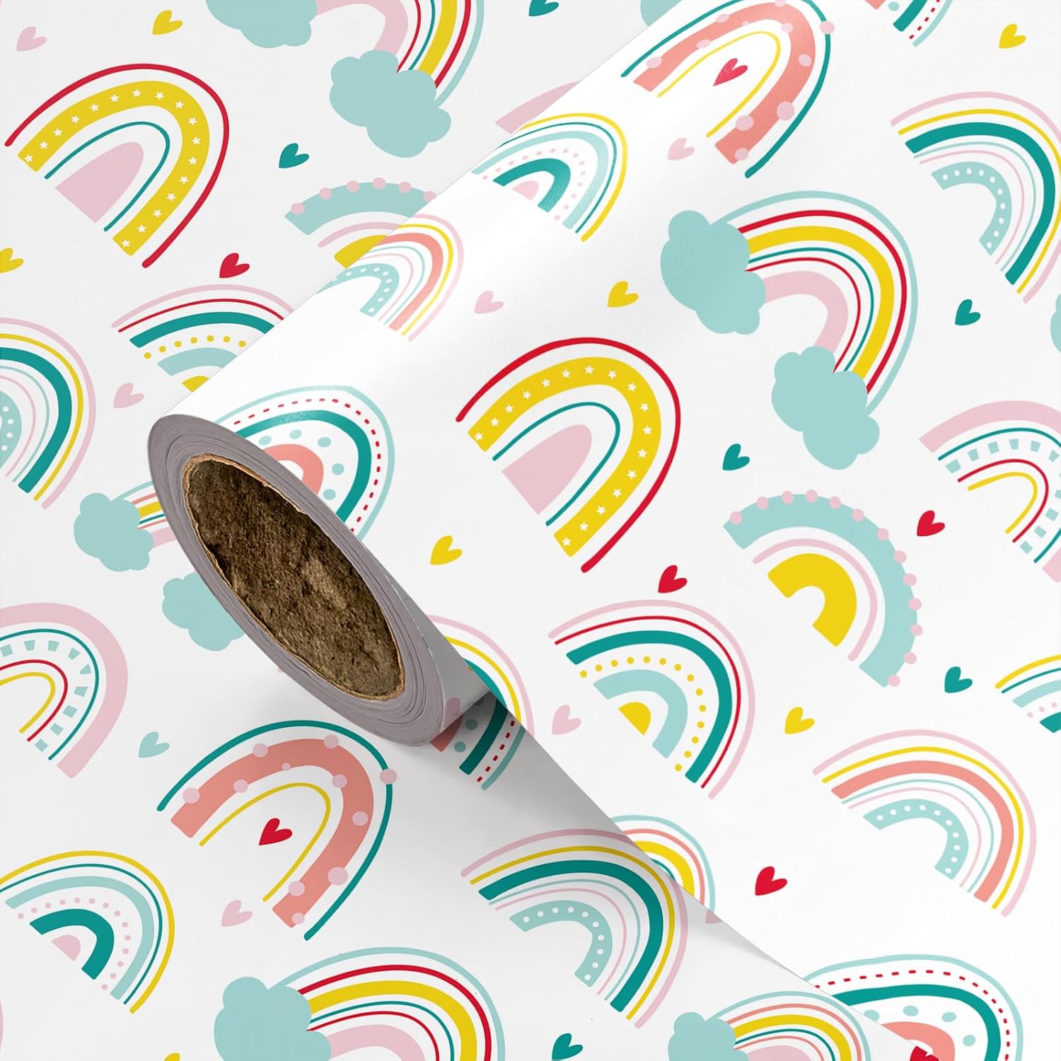 LeZakaa Rainbow and Hearts Wrapping Paper Roll Mini Roll - Cute Hand-Drawn Design with Backside Gridlines for Kids Birthday and Baby Shower Gifts - 17 Inch x 9.8 Feet