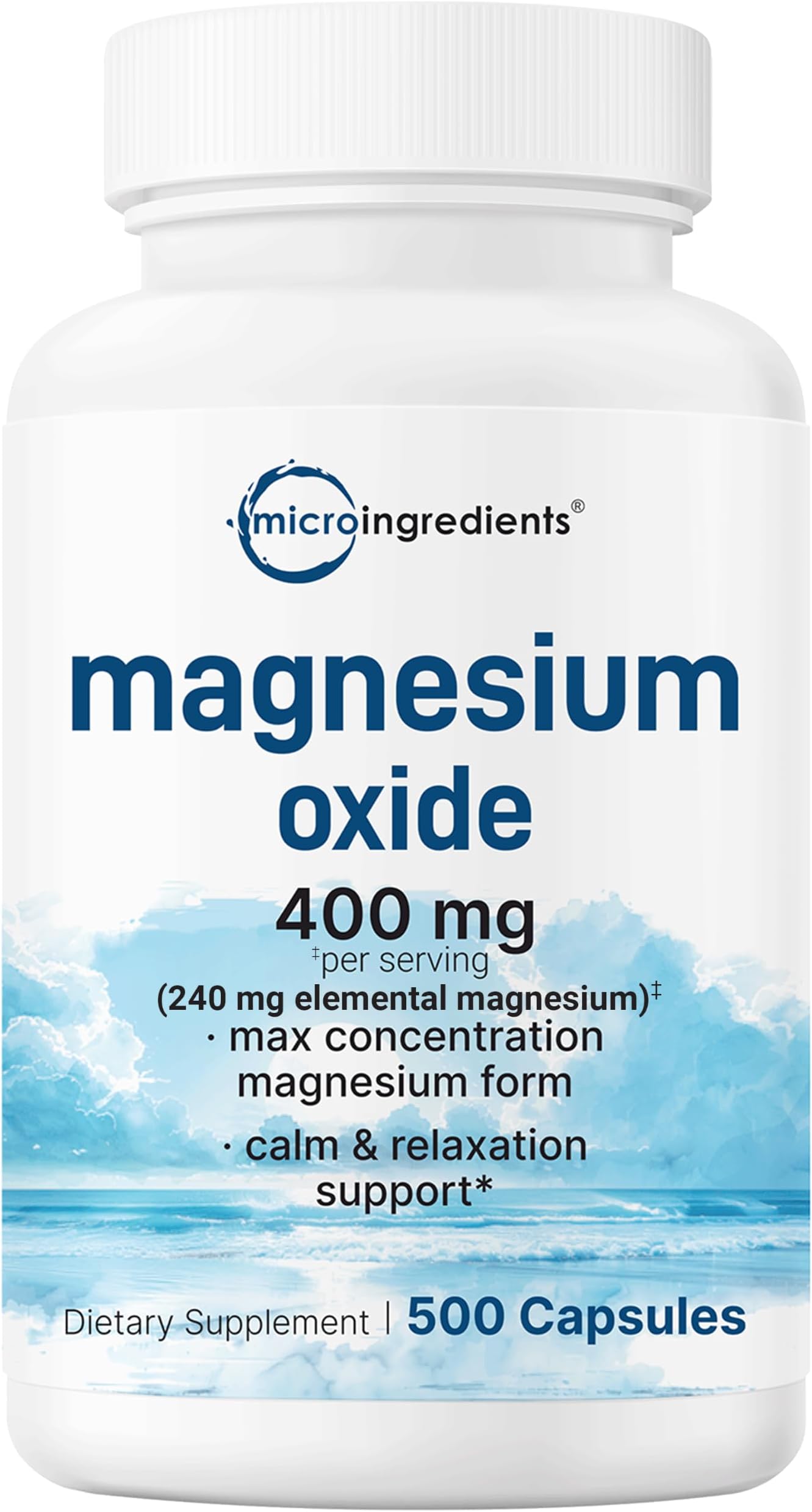 Magnesium Oxide 400mg, 500 Capsules | Elemental Form for Max Concentration | Supports Calm, Muscle & Nerve Health | Non-GMO