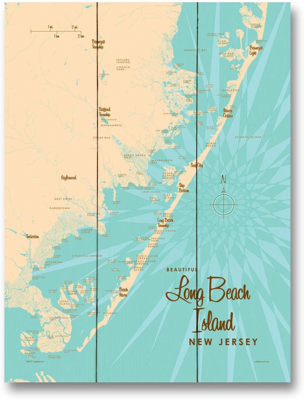 Long Beach Island, New Jersey Map Wood Art Print from Illustration by Lakebound 9" x