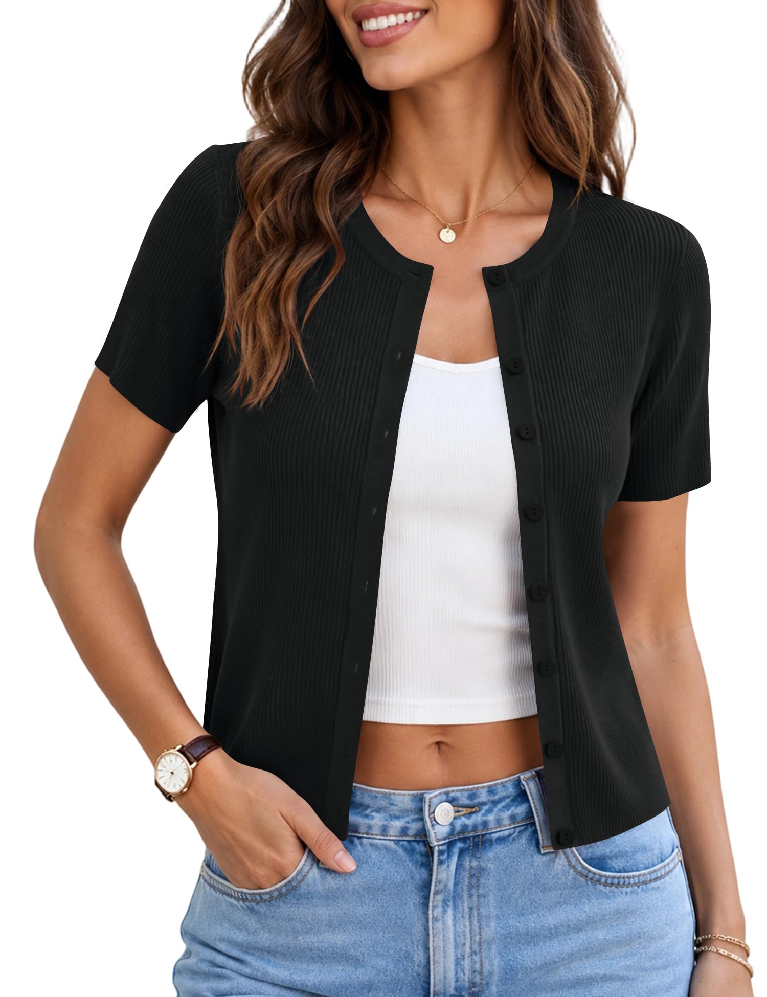 Short Sleeve Cardigan Women Summer Short Sleeve Lightweight Sweater Button Down Y2K Tops Fashion 2026-image-35