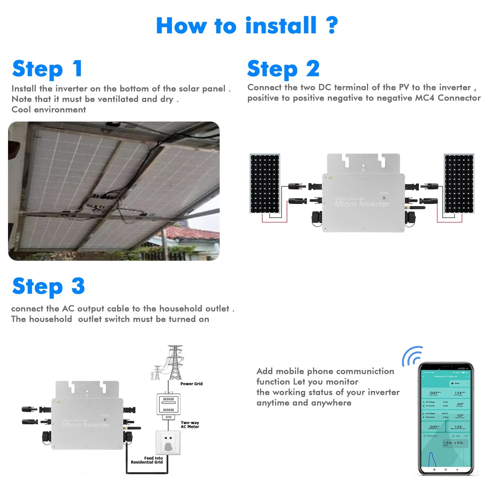 Jadeshay Microinverter,800W Inverter Fotovoltaico Grid Tie Inverter Micro Inverter DC22-60V Inverter di Rete con Sistema di Monitoraggio del Telefono Cellulare per 2 Pannelli Solari