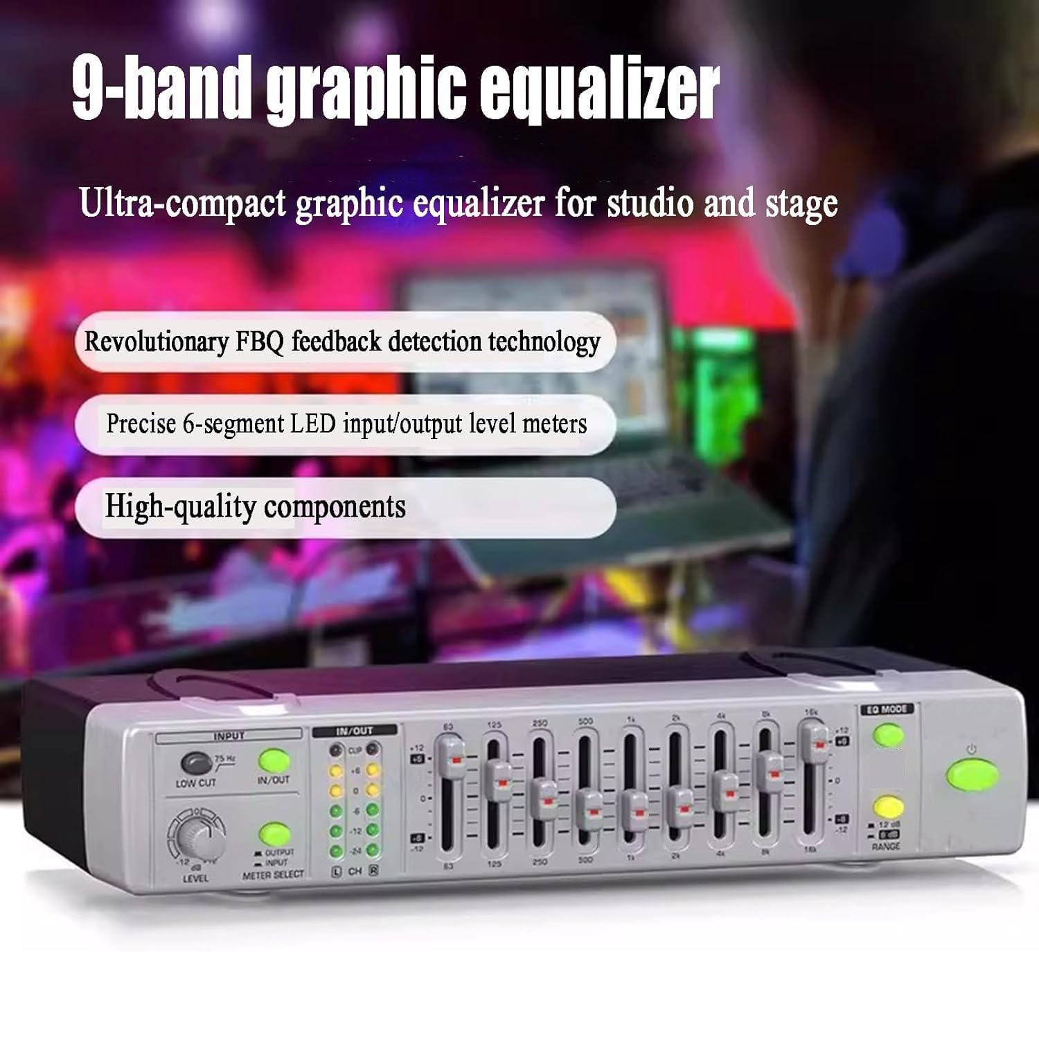 Equalizzatore EQ Grafico Professionale a 9 Bande, Equalizzatore Stereo ad Alta Precisione con Regolazione Alti, Medi e Bassi, Filtro Low-Cut/Luce Display LED/Tecnologia di Rilevamento Feedback