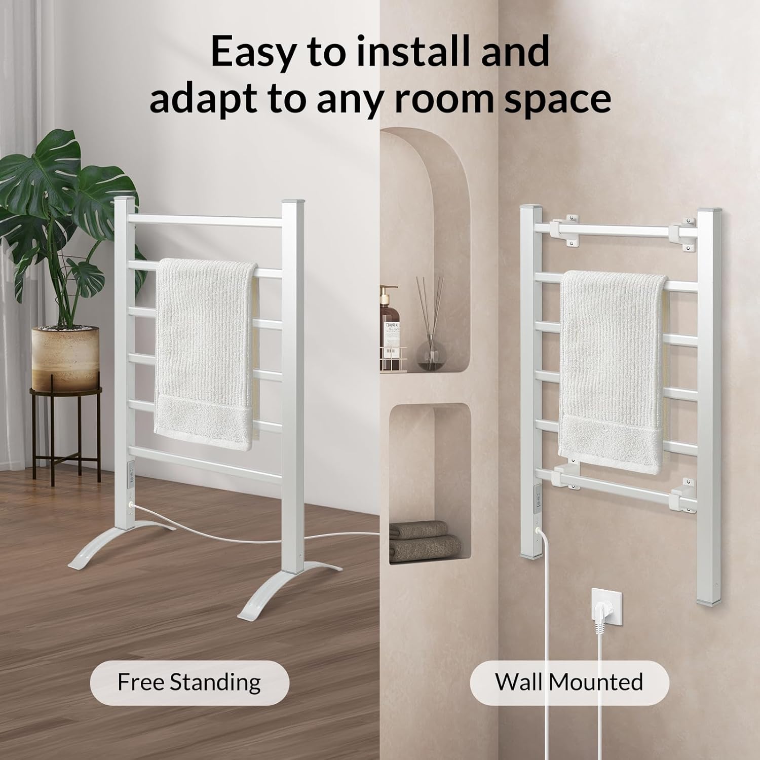 Image showing the towel warmer in both freestanding and wall-mounted configurations, highlighting easy installation.