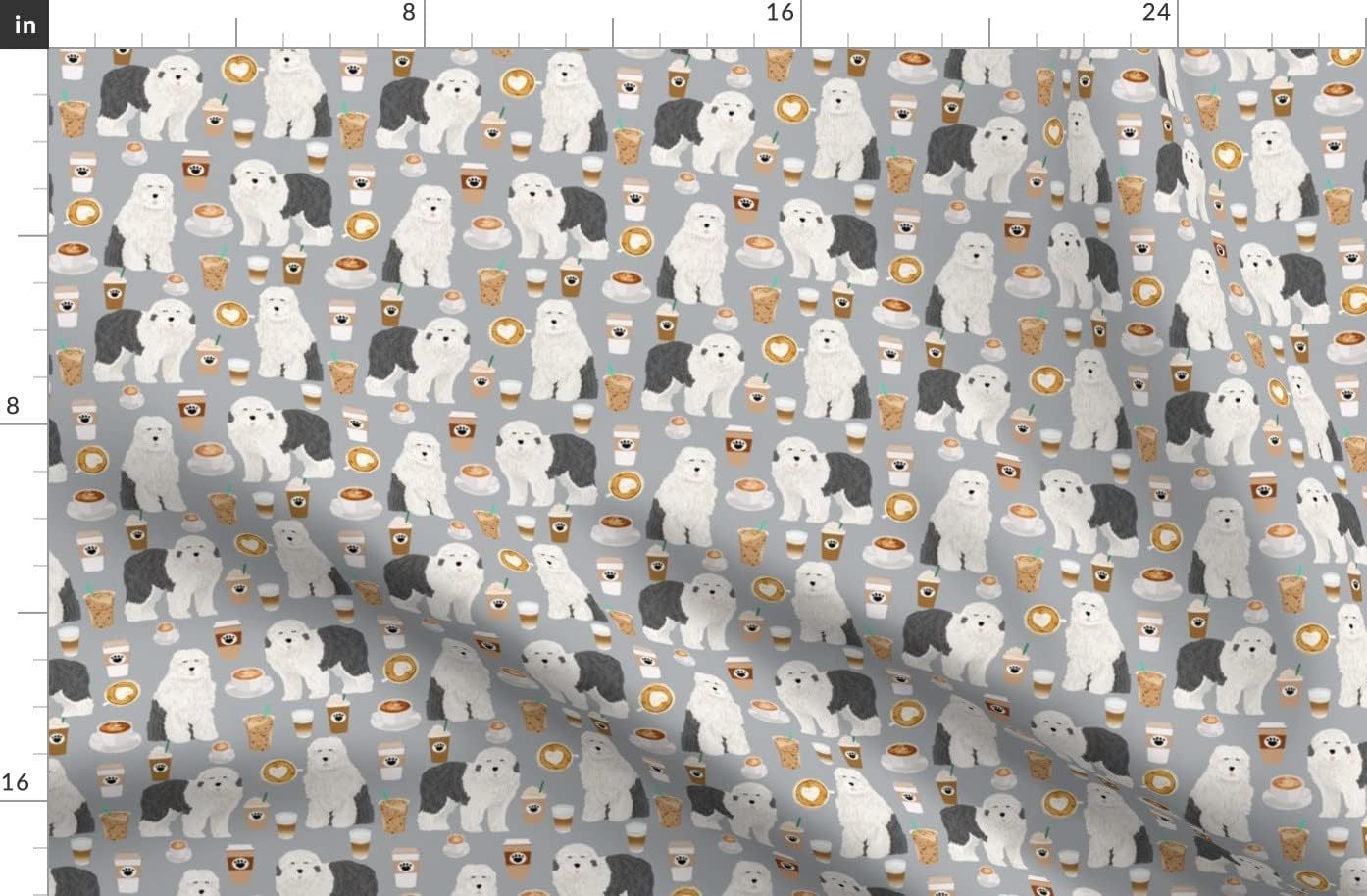 Spoonflower Fabric - Old English Sheepdog Cute Coffees Print Dogs Sheepdogs Coffee Gray Pet Printed on Polartec(R) Fleece Fabric by The Yard - Sewing Blankets Loungewear and No-Sew