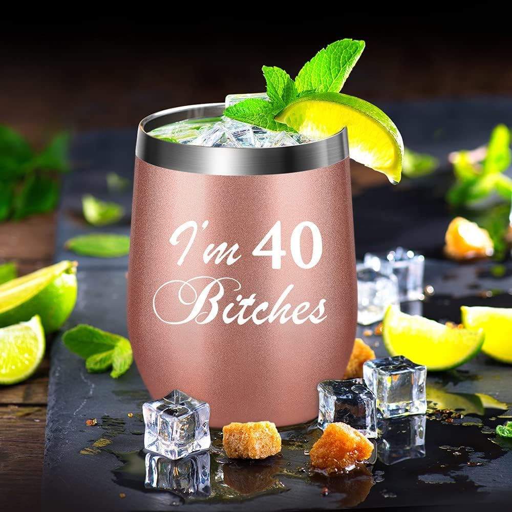 Blасk Frіdау - 70% оƒƒ 40th Birthday Gifts for Women, Friends, Sister, Mom- Funny I'm 40 Gift Idea - 40 Year Old Bday Gifts Cup- 12oz Stainless Steel Wine Glass Tumbler with Lid & Straw